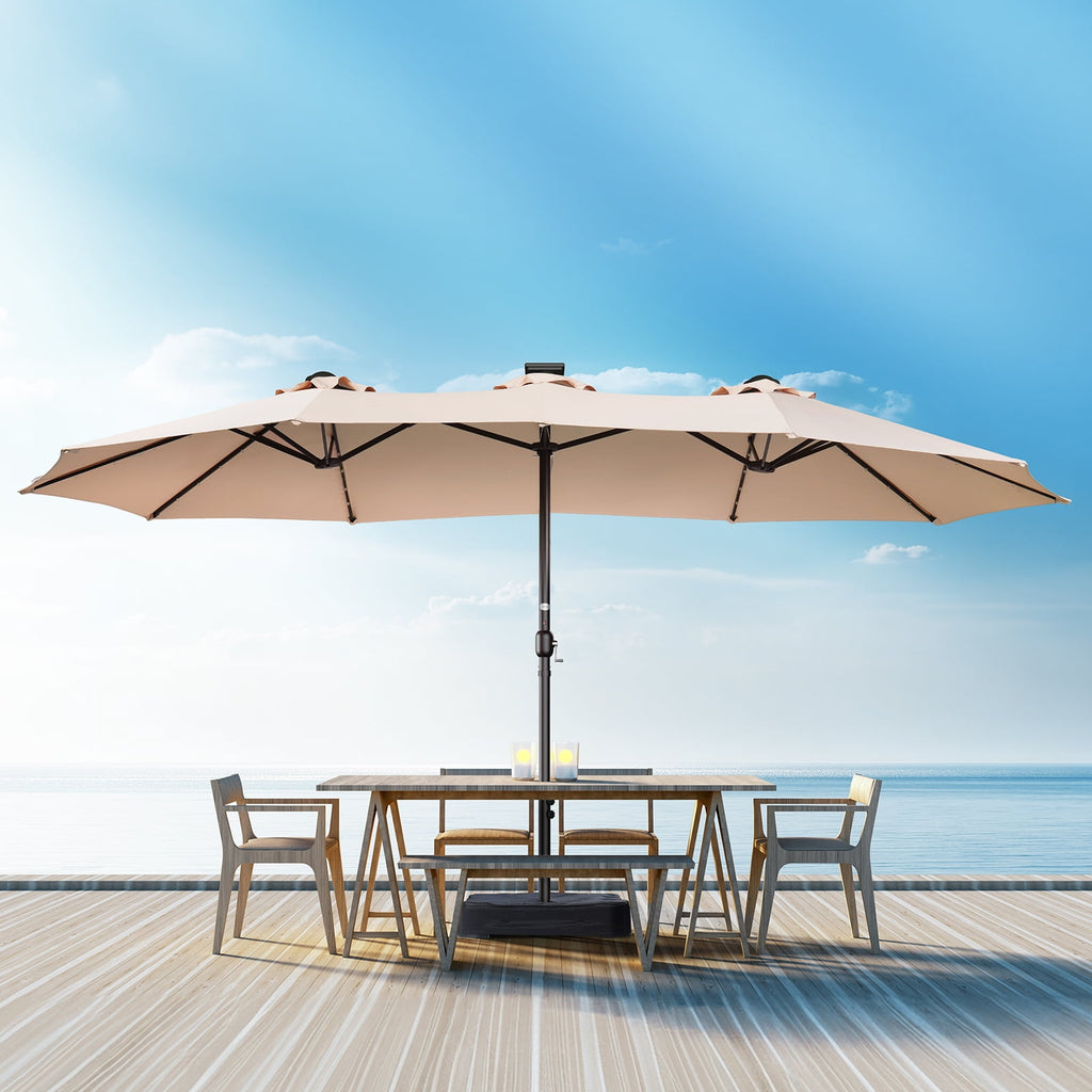 Patbrela 15ft Patio Umbrella with Light and Base, Double Sided  Large Rectangular Outdoor Umbrella with Crank Handle, for Garden, Yard, Poolside and Outdoor Activities, Gray