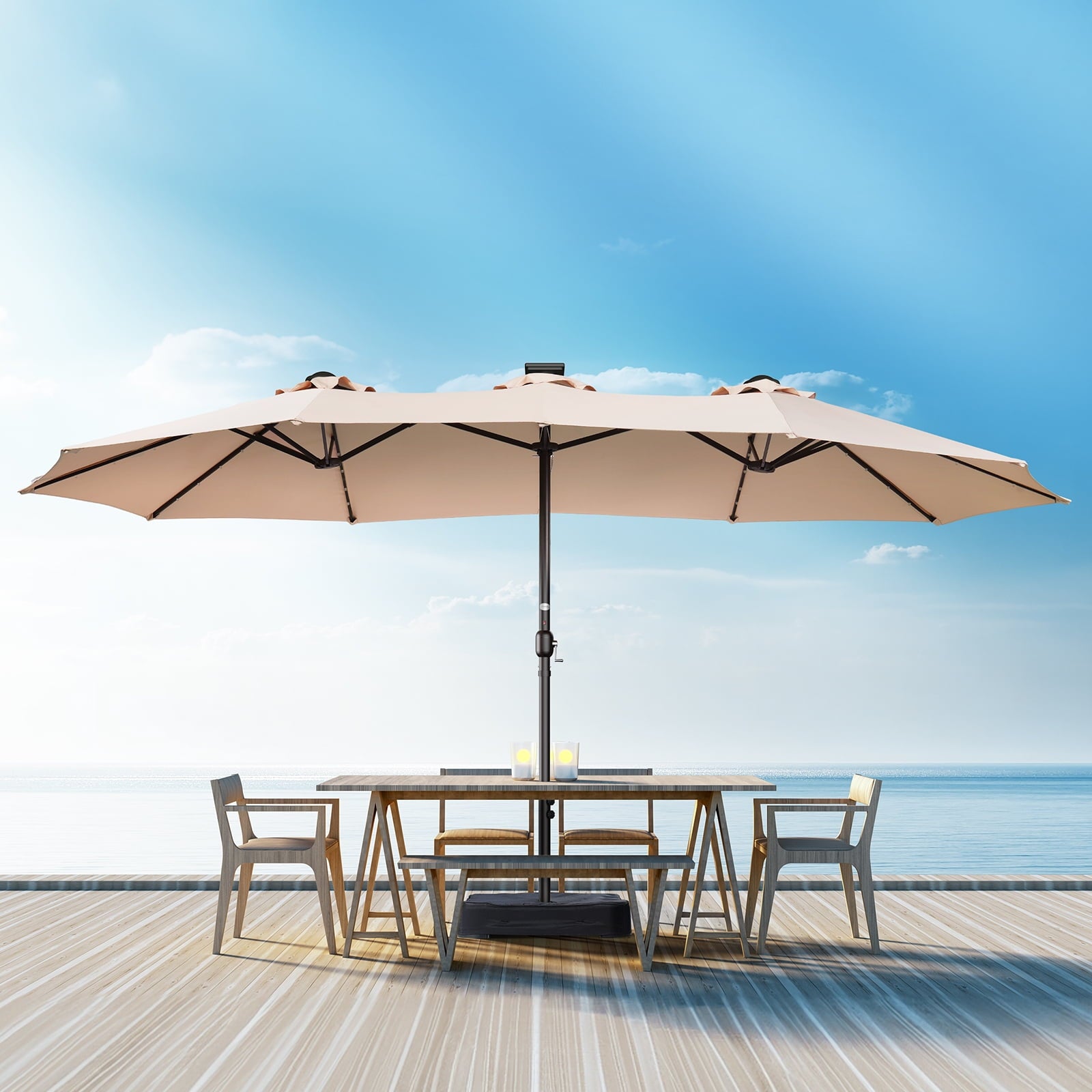 Patbrela 15ft Patio Umbrella with Light and Base, Double Sided  Large Rectangular Outdoor Umbrella with Crank Handle, for Garden, Yard, Poolside and Outdoor Activities, Gray