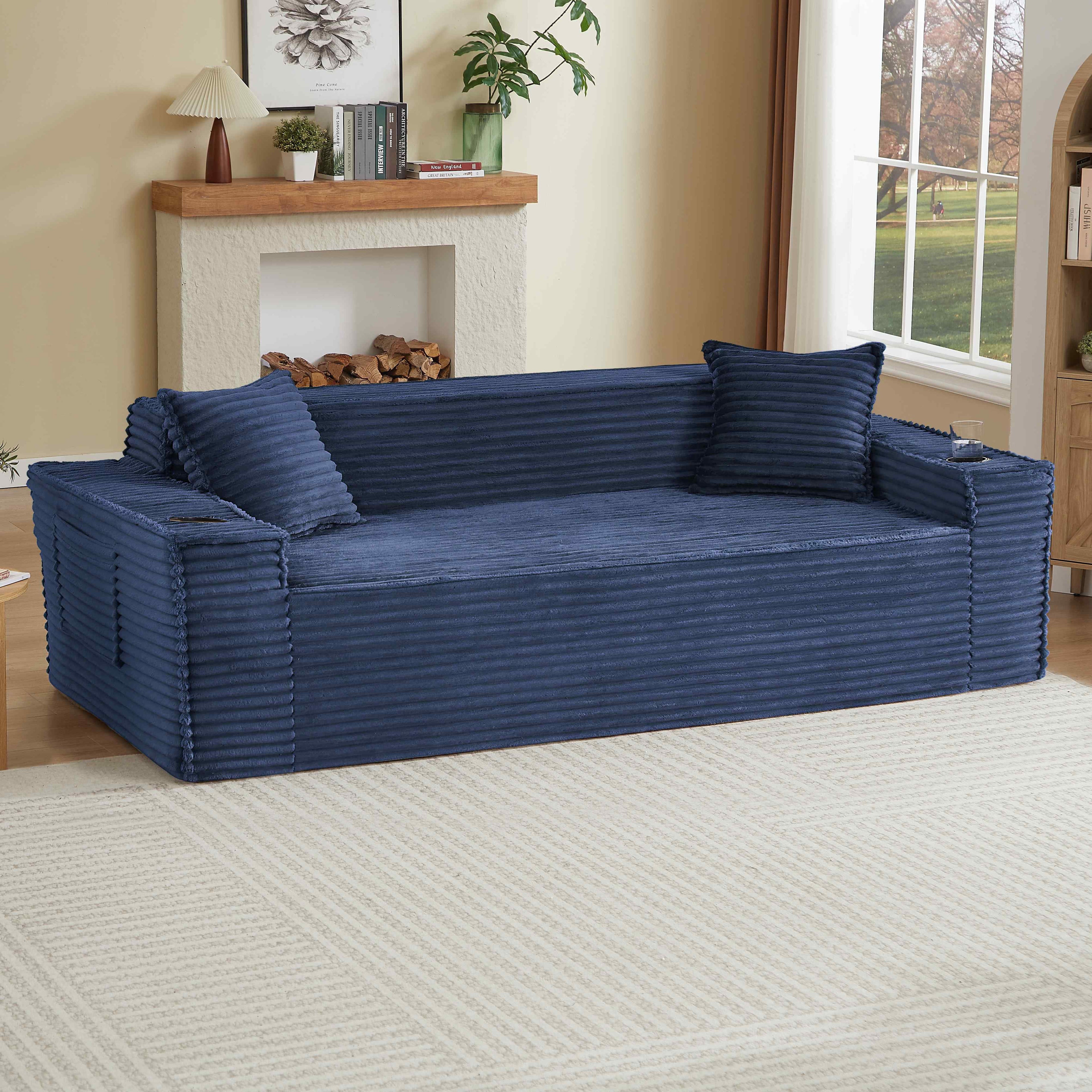 FFH 80.7 Corduroy Sofa, 3 Seater Boneless Cloud Couch for Small Living Rooms, Apartments and Offices, Black