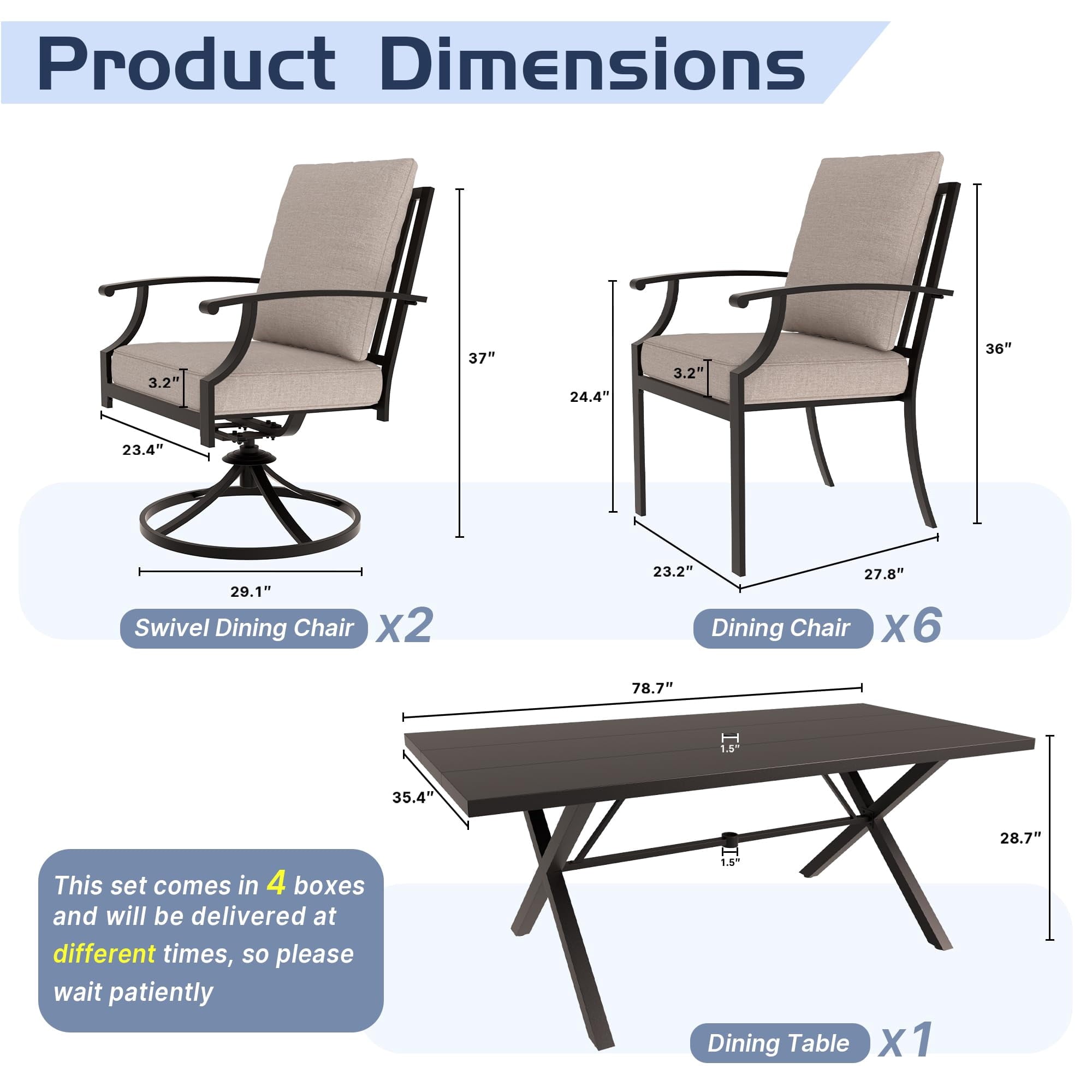 ALAULM 10 Piece Patio Dining Set w/14FT Umbrella, Metal Outdoor Furniture Set w/Rectangular table, 6 Fixed Chairs and 2 swivel rocking chairs for Patio, Backyard, Garden, Poolside（Grey）