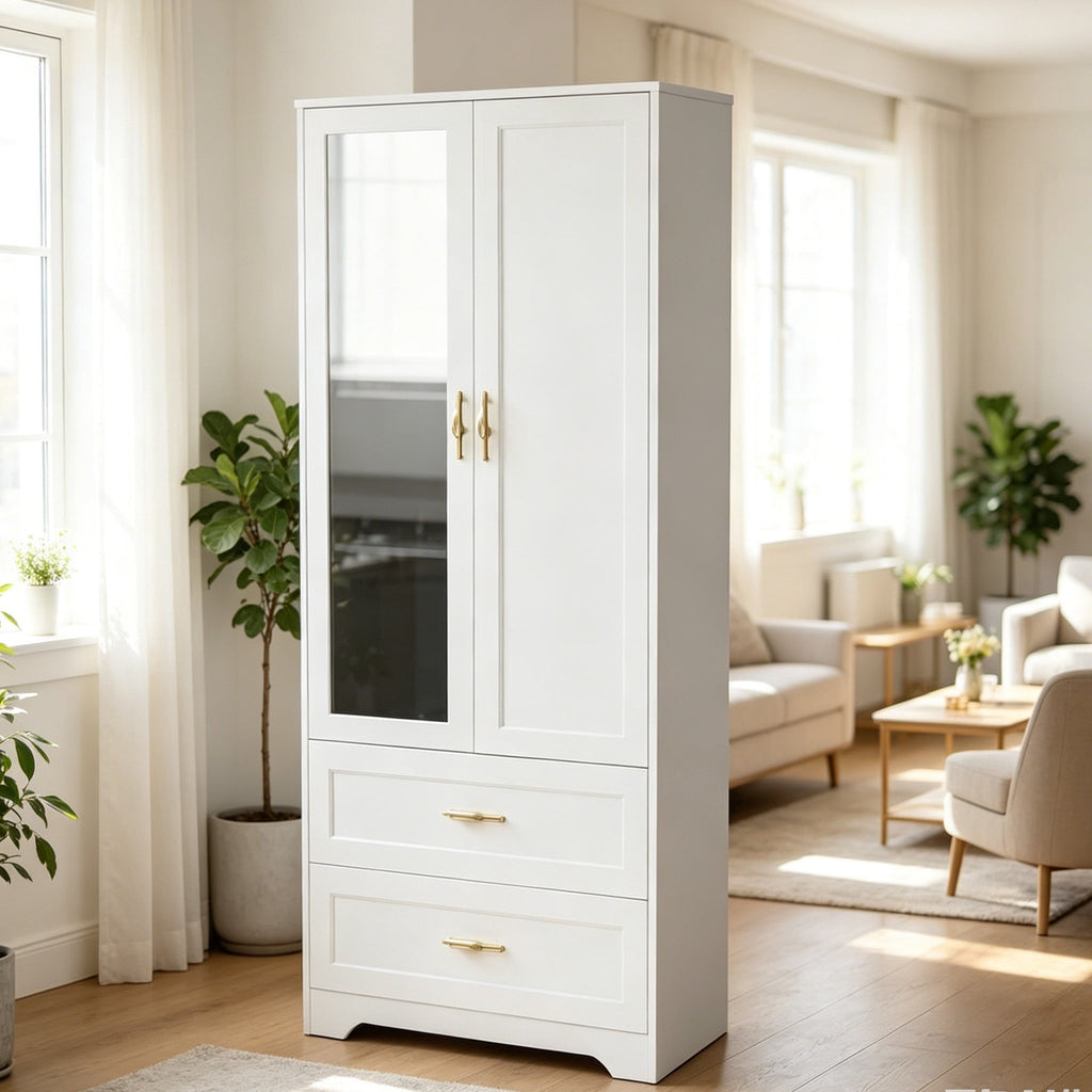 Ktaxon Wardrobe Armoire Closet with Hanging Rod, Modern Drawer & Shelf – Elegant White Finish Closet, Farmhouse to Mid-Century Style