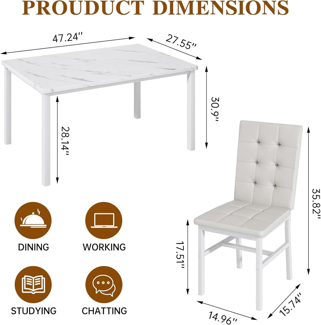 MOOSENG 5-Piece Dining Table Set with Faux Marble Top, Modern Kitchen Table and Set of 4 Grey Velvet Upholstered Chairs, Space-Saving Dinette Set for Small Spaces
