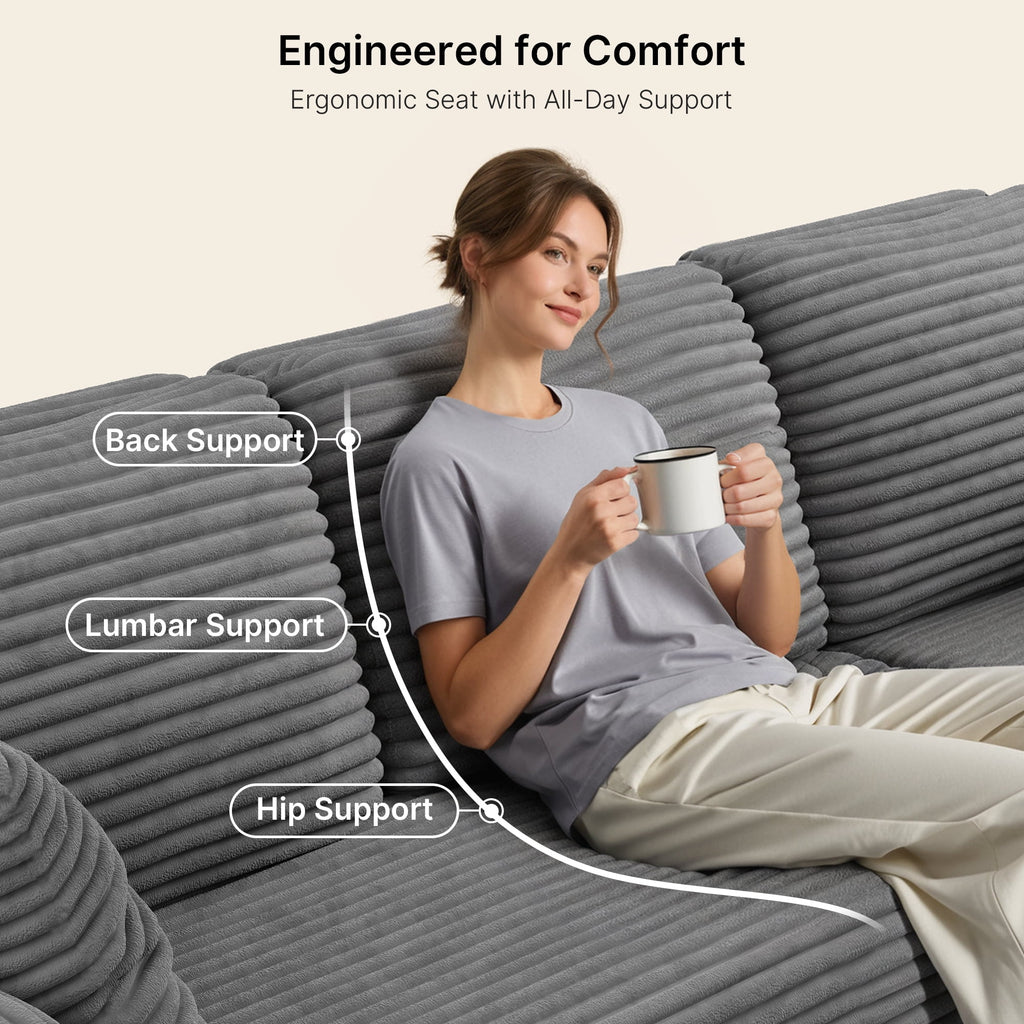 Sofa, Lofka 105 Free Assembly L-Shaped Sectional with Pet Friendly Corduroy Fabric, Black for Living Room/Apartment