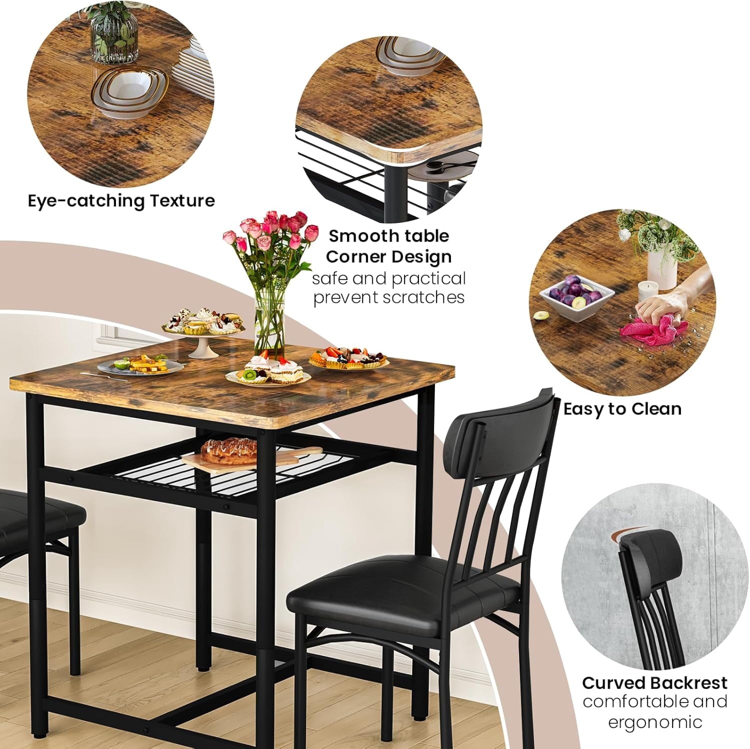 Lamerge 4 Person Dining Table Set, Wooden Dining Table 5 Piece Set with 4 Oak Metal Frame Chairs, Space Saving, Suitable for Apartments, Small Spaces, Kitchens, Breakfast Corners, Espresso Wood C