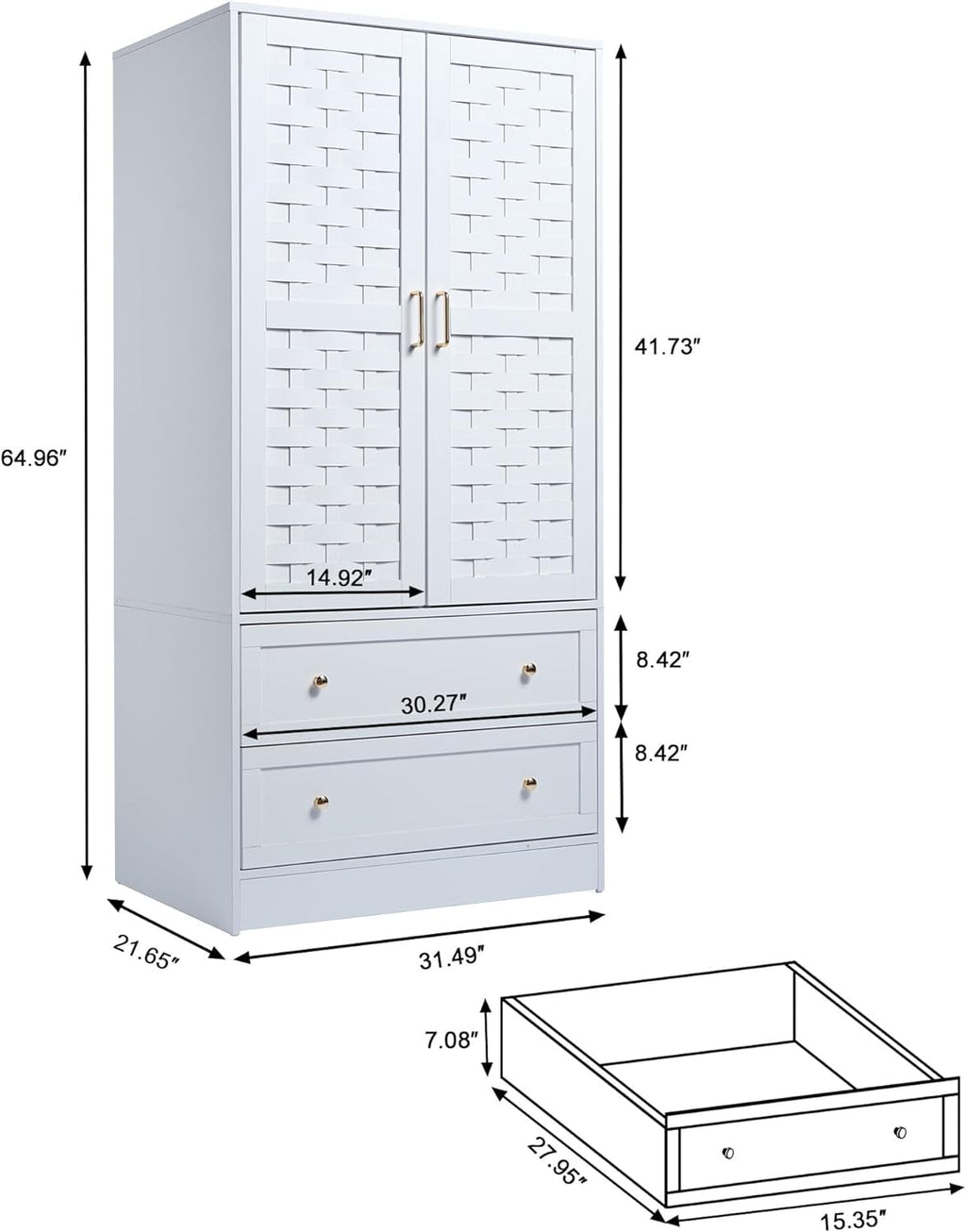 Wirrytor Freestanding Wooden Armoire Wardrobe with 2 Woven Doors and Storage Drawers, Space-Saving Closet Cabinet for Bedroom, Sturdy Mdf Board Closet with Hanging Rail