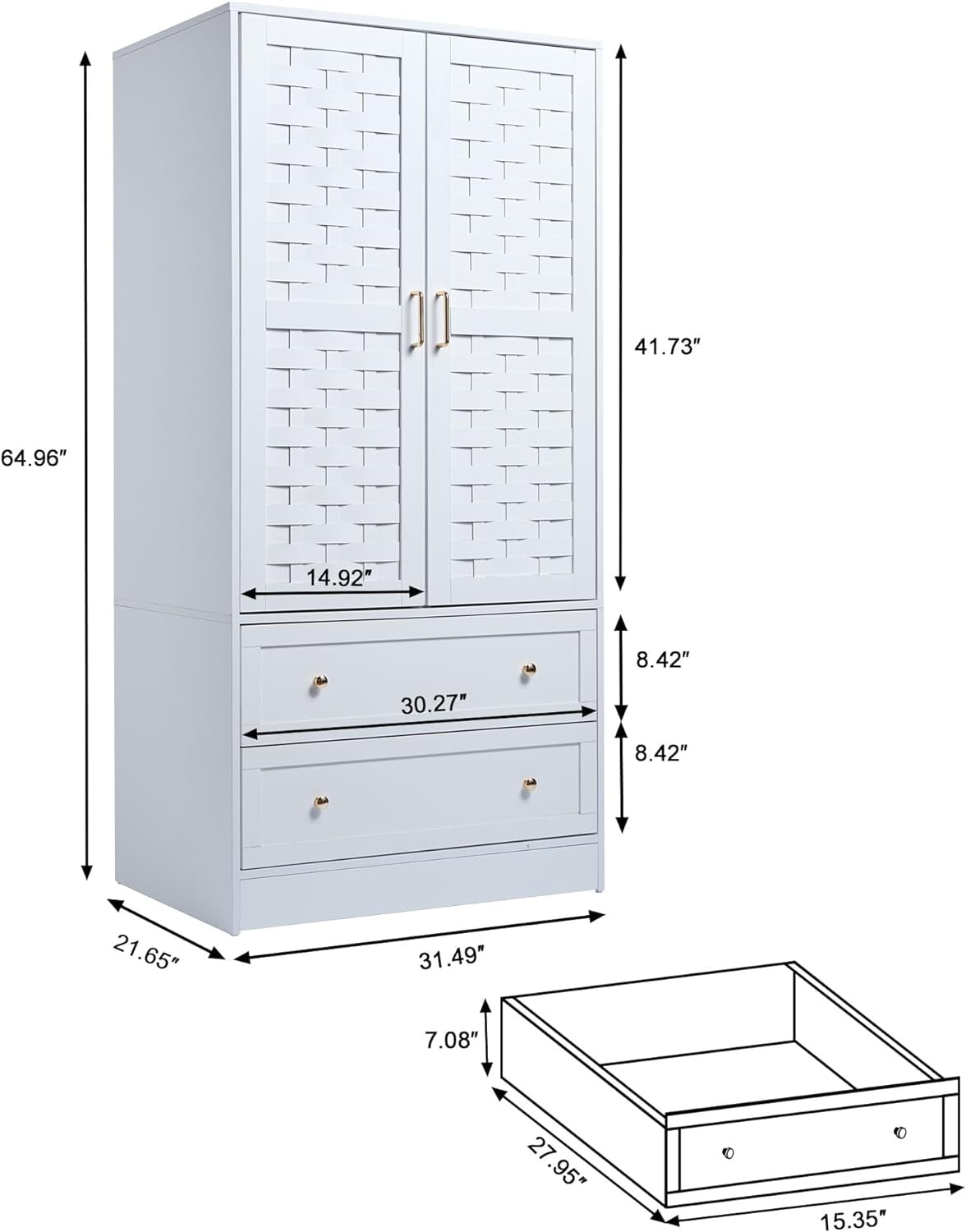 Wirrytor Freestanding Wooden Armoire Wardrobe with 2 Woven Doors and Storage Drawers, Space-Saving Closet Cabinet for Bedroom, Sturdy Mdf Board Closet with Hanging Rail