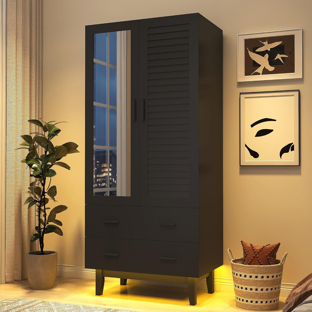 Blotout 70 Armoire Wardrobe Closet with Mirror & LED Lights, LED White Louver Door Wardrobe Armoire with 3 Drawers & Hanging Rods, Large 3 Doors Armoire Storage with Multi-Layer Shelves