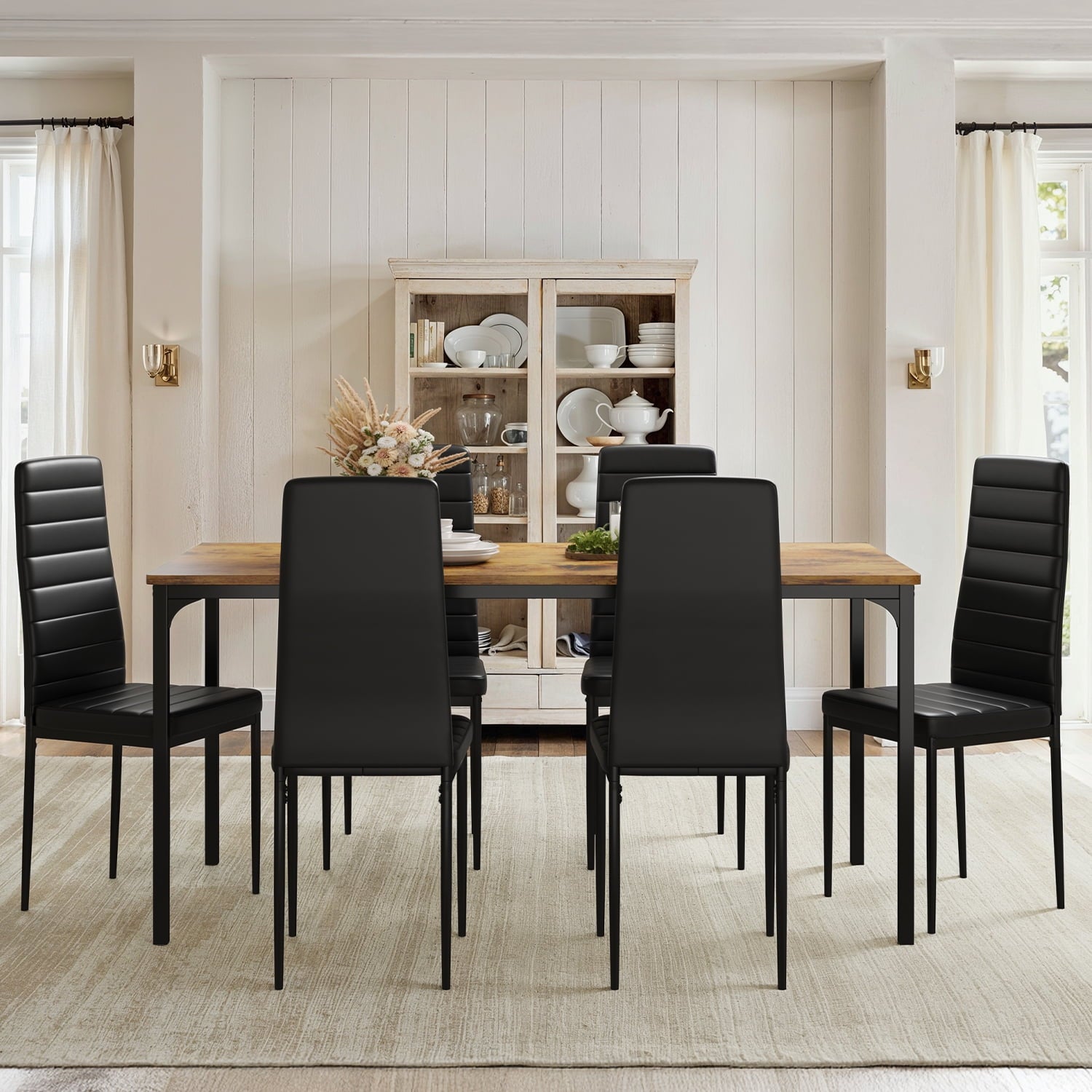 7 Piece Dining Table Set for 6, Kitchen Dining Room Furniture with 6 PU Leather Upholstered Chairs, Suitable for Apartment Small Space, Black