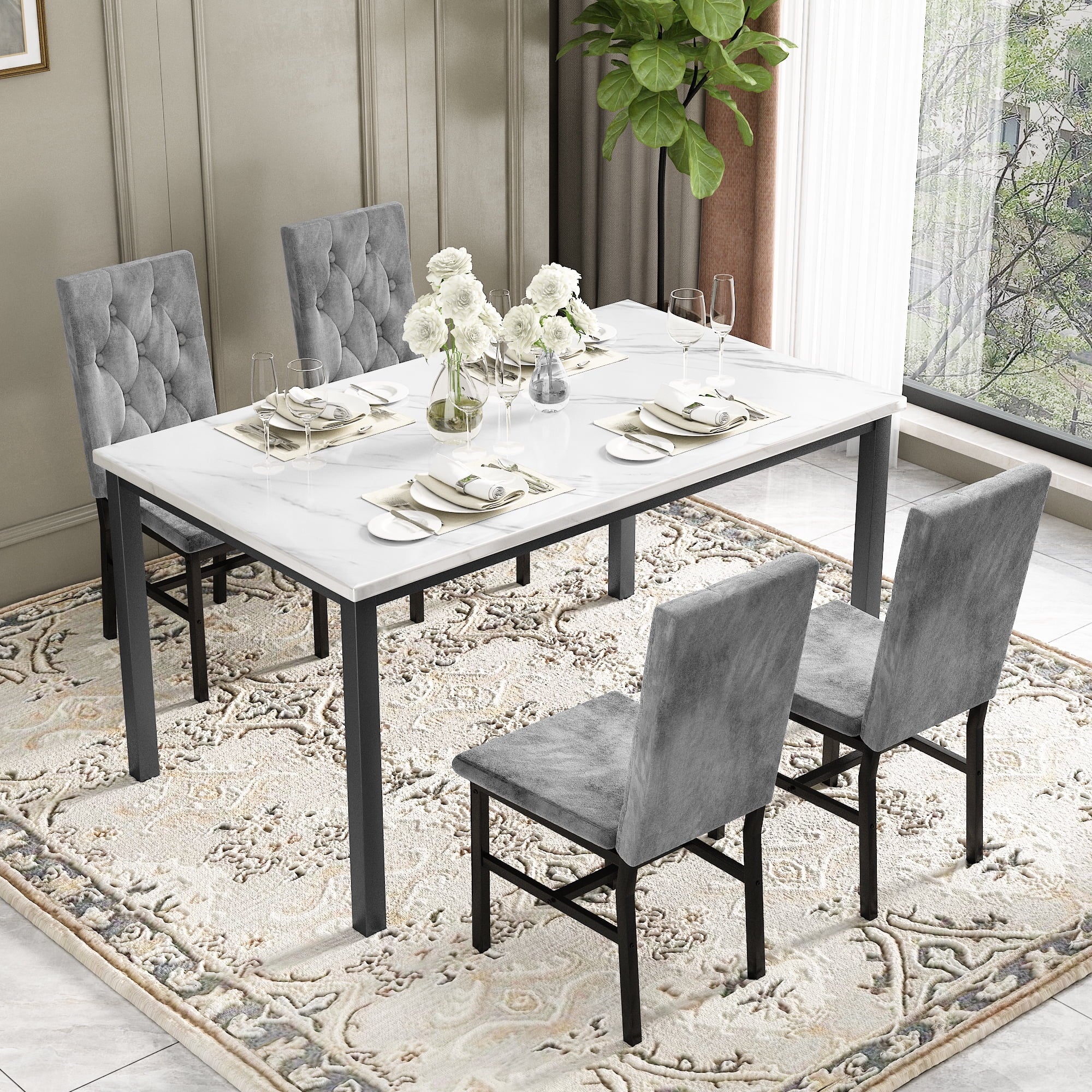 Baxluxe Dining Table Set for 4, Space Saving Rectangle Dining Table with 4 Velvet Dining Chairs, Faux Marble Kitchen Table and Chairs Set, Modern Dining Room Set for Kitchen, Pub, Beige+Gray