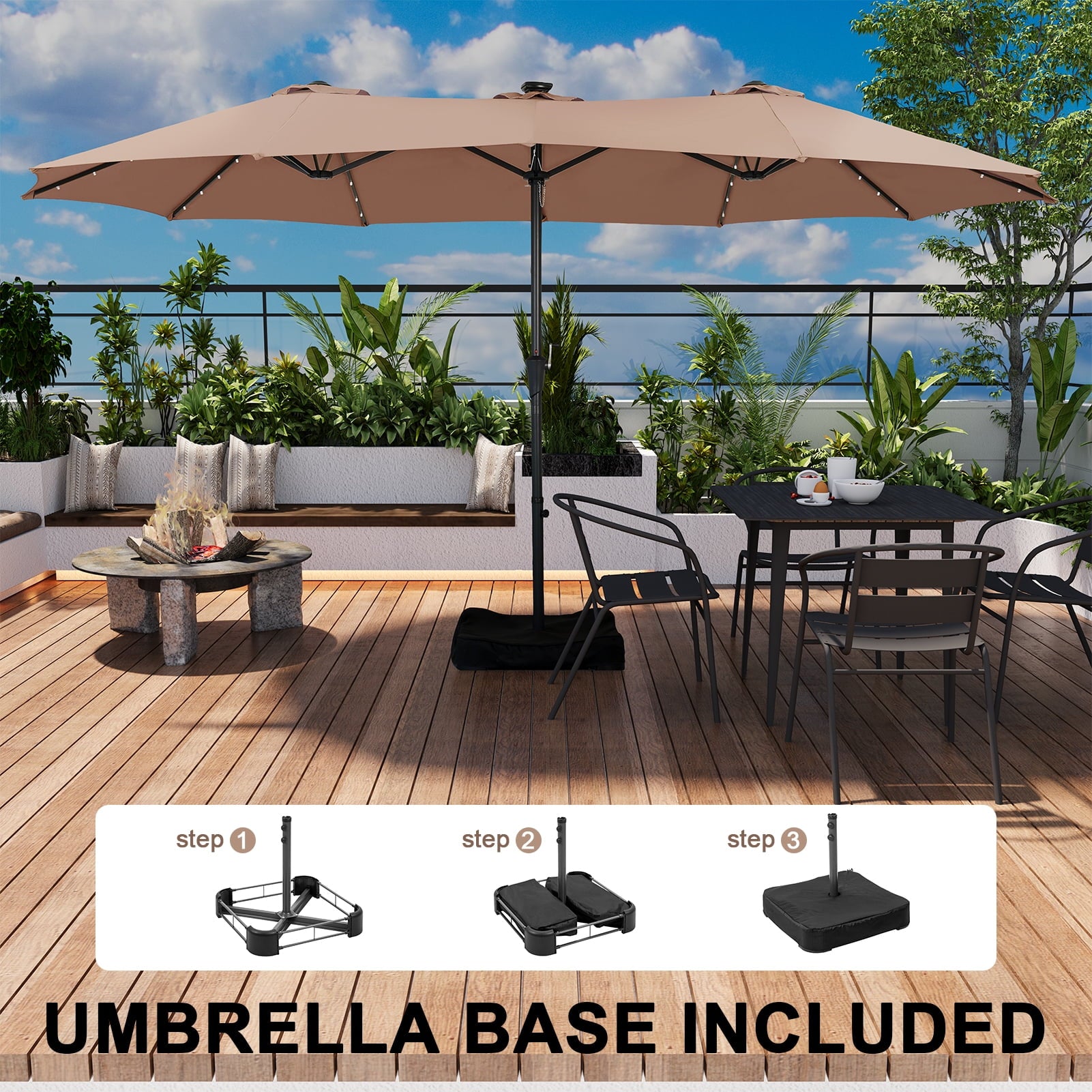 Ainfox 15ft Large Patio Umbrella with Solar Lights, Double-Sided Outdoor Rectangle Table Umbrellas with Sand Bag Base，Beige