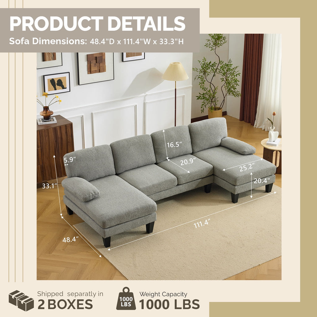 Ktaxon U-Shaped Sectional Sofa Set with Chaise, 4-Seater Blended Chenille Couch for Living Room, Apartment, Easy Assembly Khaki