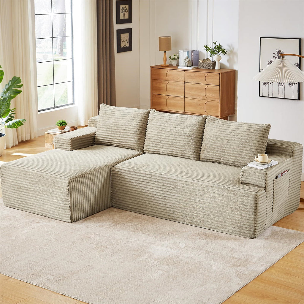 Aukfa 95 Cloud Sectional Sofa Deep Seat Boneless Couch Modular L-Shaped Couch, Left Chaise Corduroy Sofa for Living Room, Black