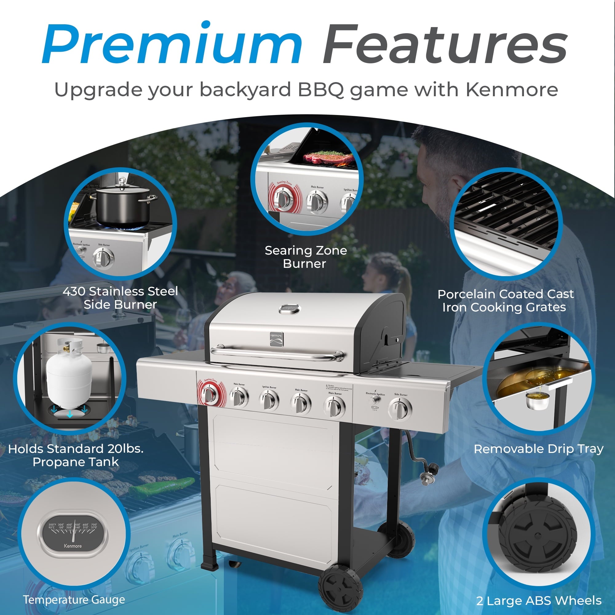 Kenmore 4-Burner Outdoor Propane Gas Grill with Side Burner, Open Cart, Stainless Steel