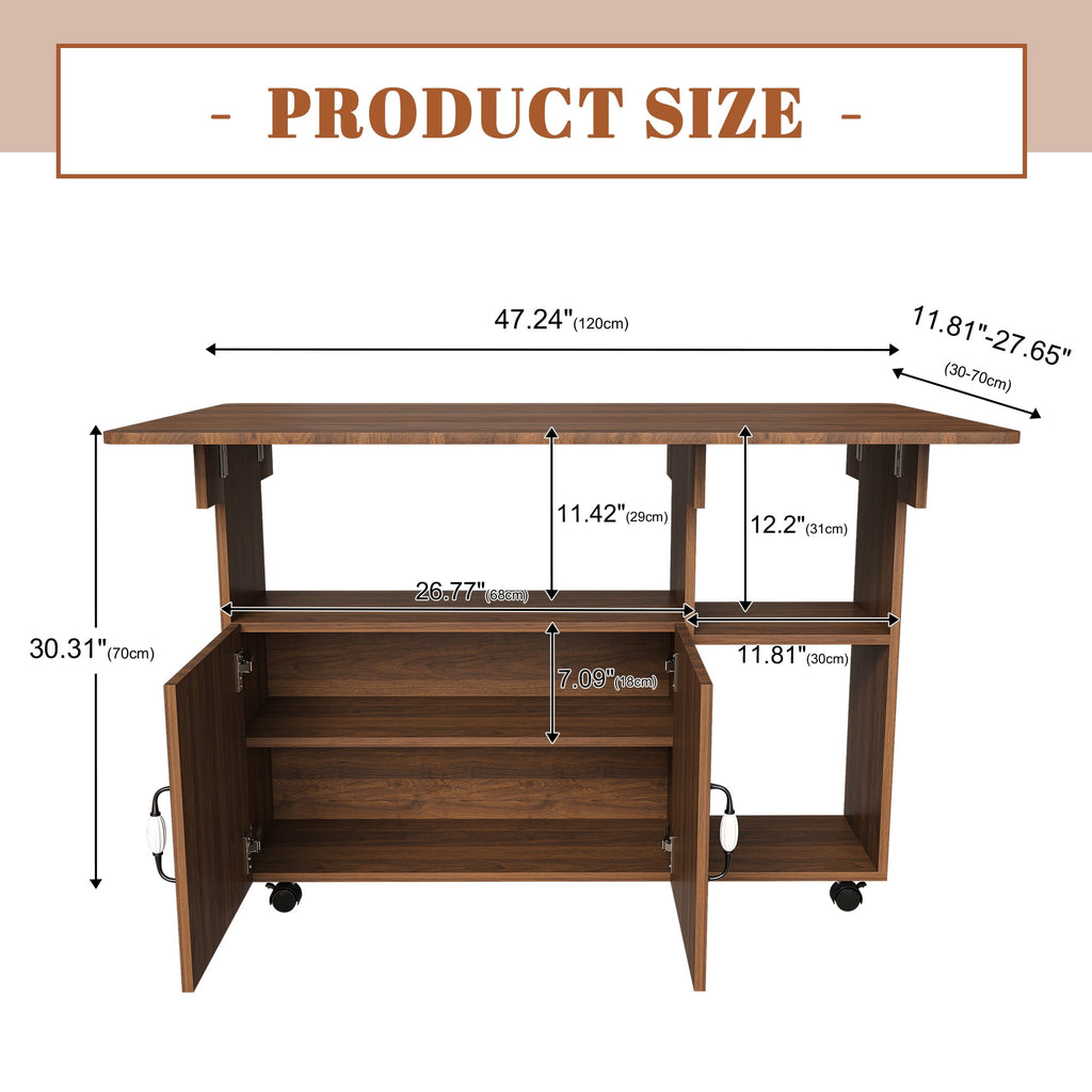 Wohh 47 Inch Folding Dining Table with Storage Shelves & Wheels, Multifunctional Kitchen Desk for Small Spaces, Compact Mobile Computer Desk for Home Office, Dorm, Adjustable Foldable Study Table