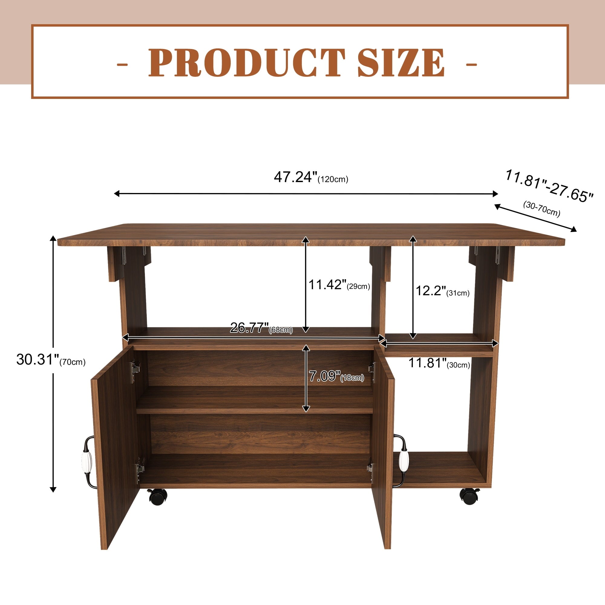Wohh 47 Inch Folding Dining Table with Storage Shelves & Wheels, Multifunctional Kitchen Desk for Small Spaces, Compact Mobile Computer Desk for Home Office, Dorm, Adjustable Foldable Study Table