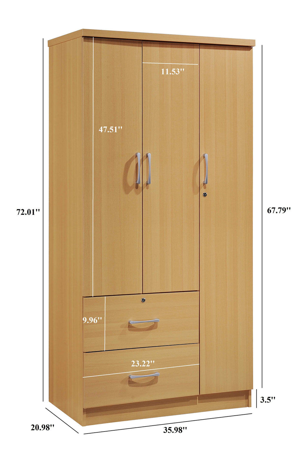 Hodedah 3 Door Bedroom Armoire with Drawers, White Finish