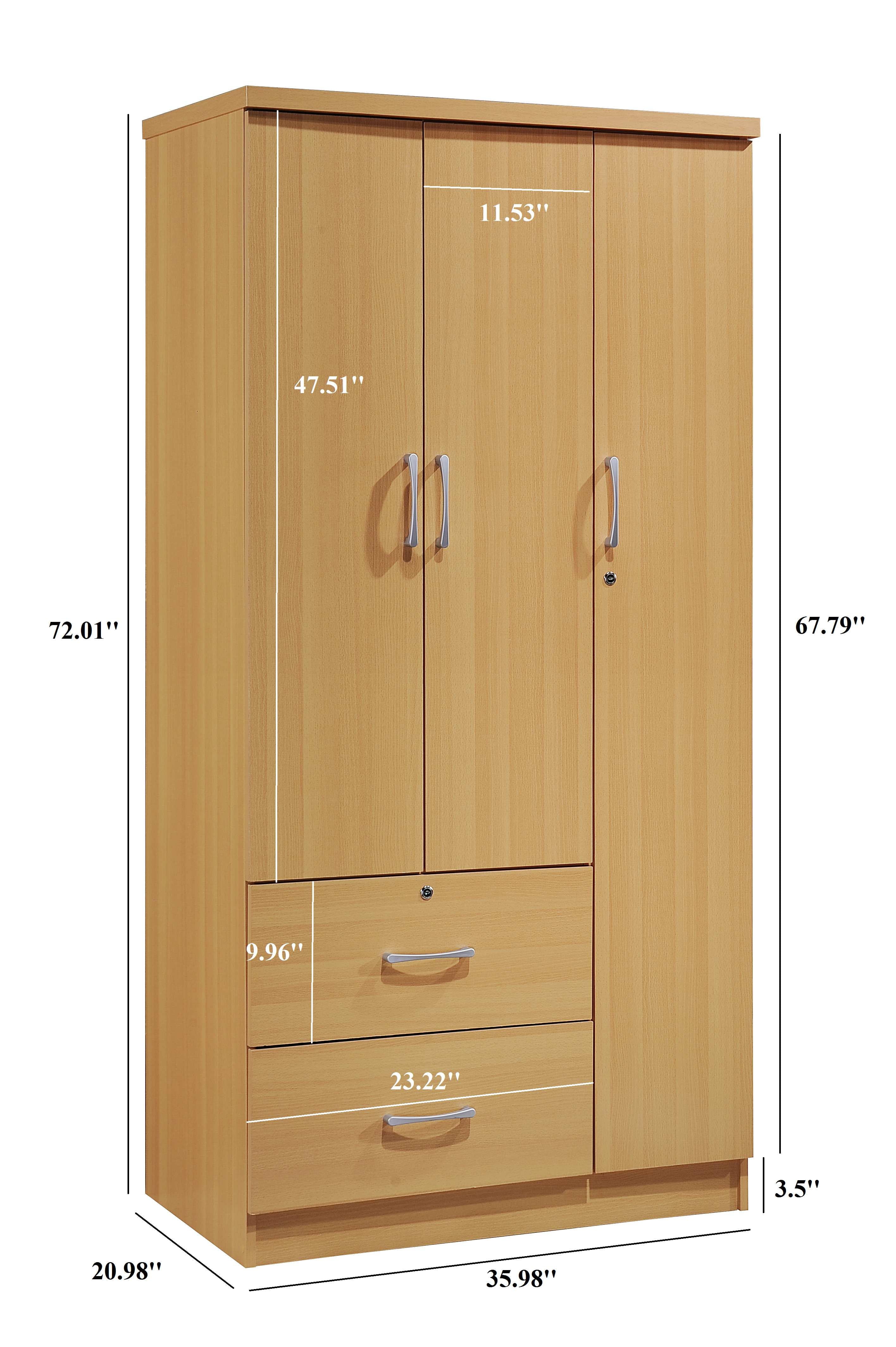 Hodedah 3 Door Bedroom Armoire with Drawers, White Finish
