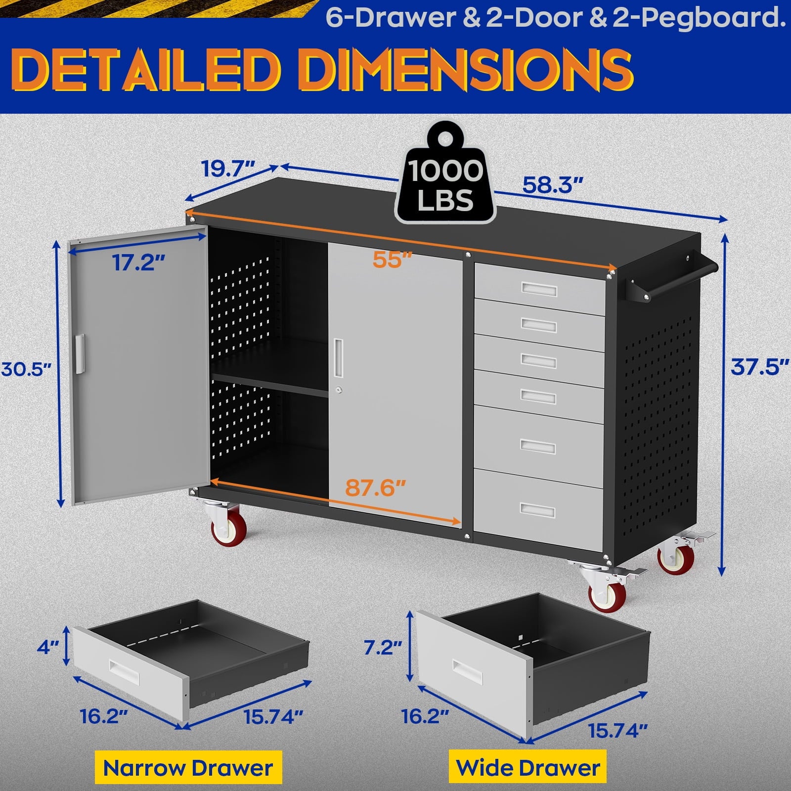 55 W Rolling Workbench with 6 Drawers and Storage Cabinet,1000 LB Capacity Heavy Duty Work Bench with Pegboard and Adjustable Shelf,Garage Workbench with Wheels for Repair Shop/Workshop