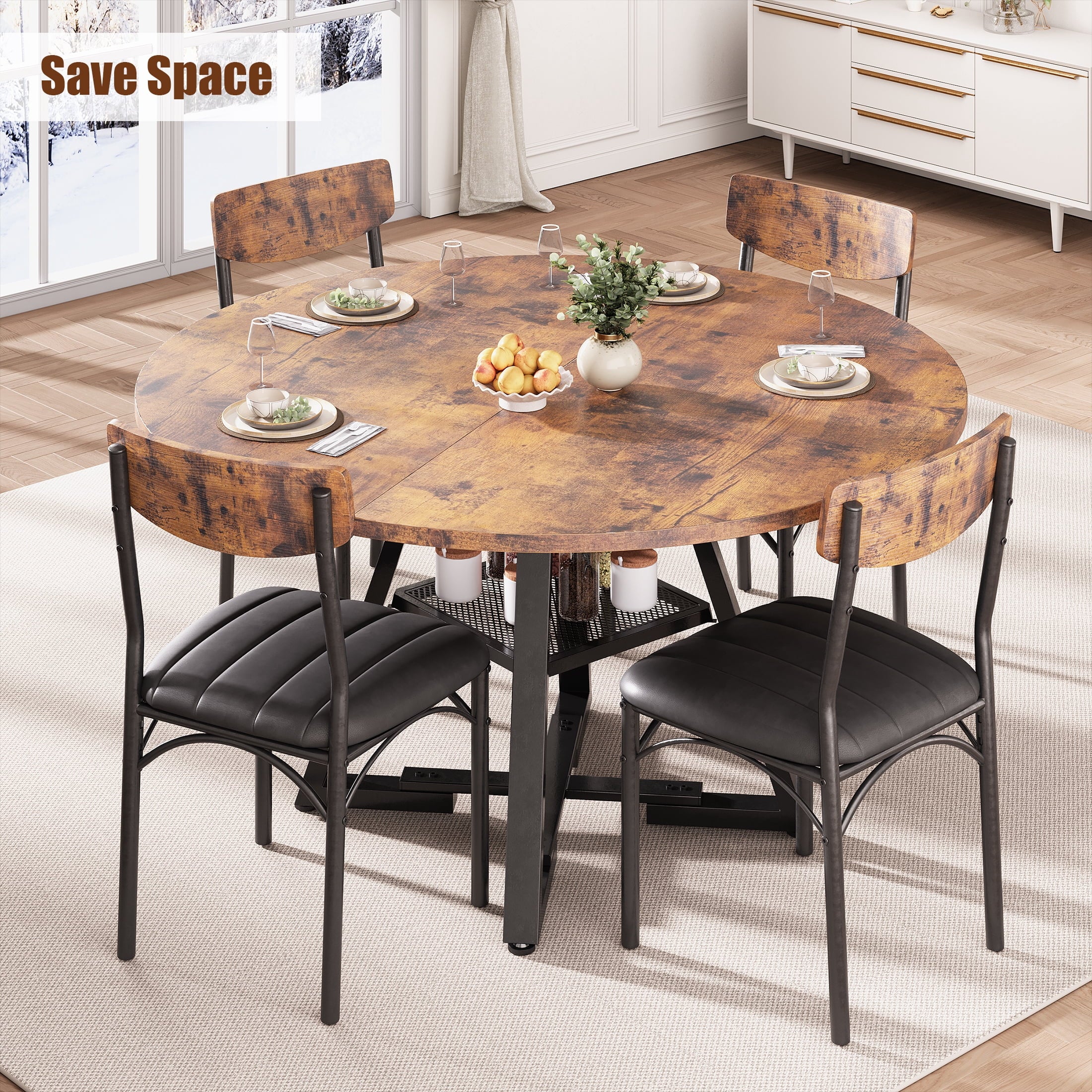Hijob 47 inch Wood Dining Table for 4, Round Kitchen Dining Table with Storage Shelf for Home Dining Room Living Room, Brown(Only Table)
