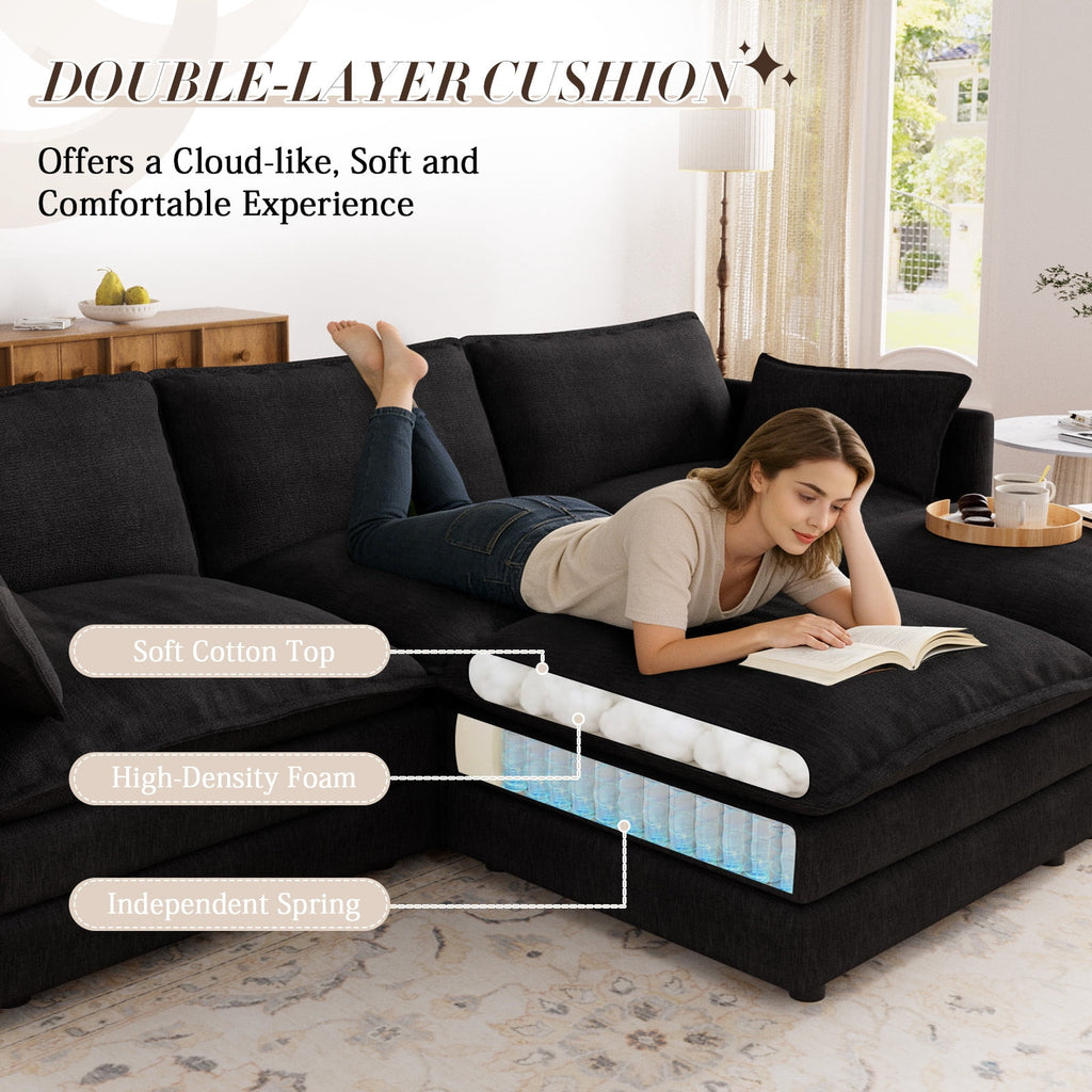 Muumblus Sectional Sofa Cloud Couch with Reversible Ottoman, L-Shaped Chenille Sofa for Living Rooms, Beige