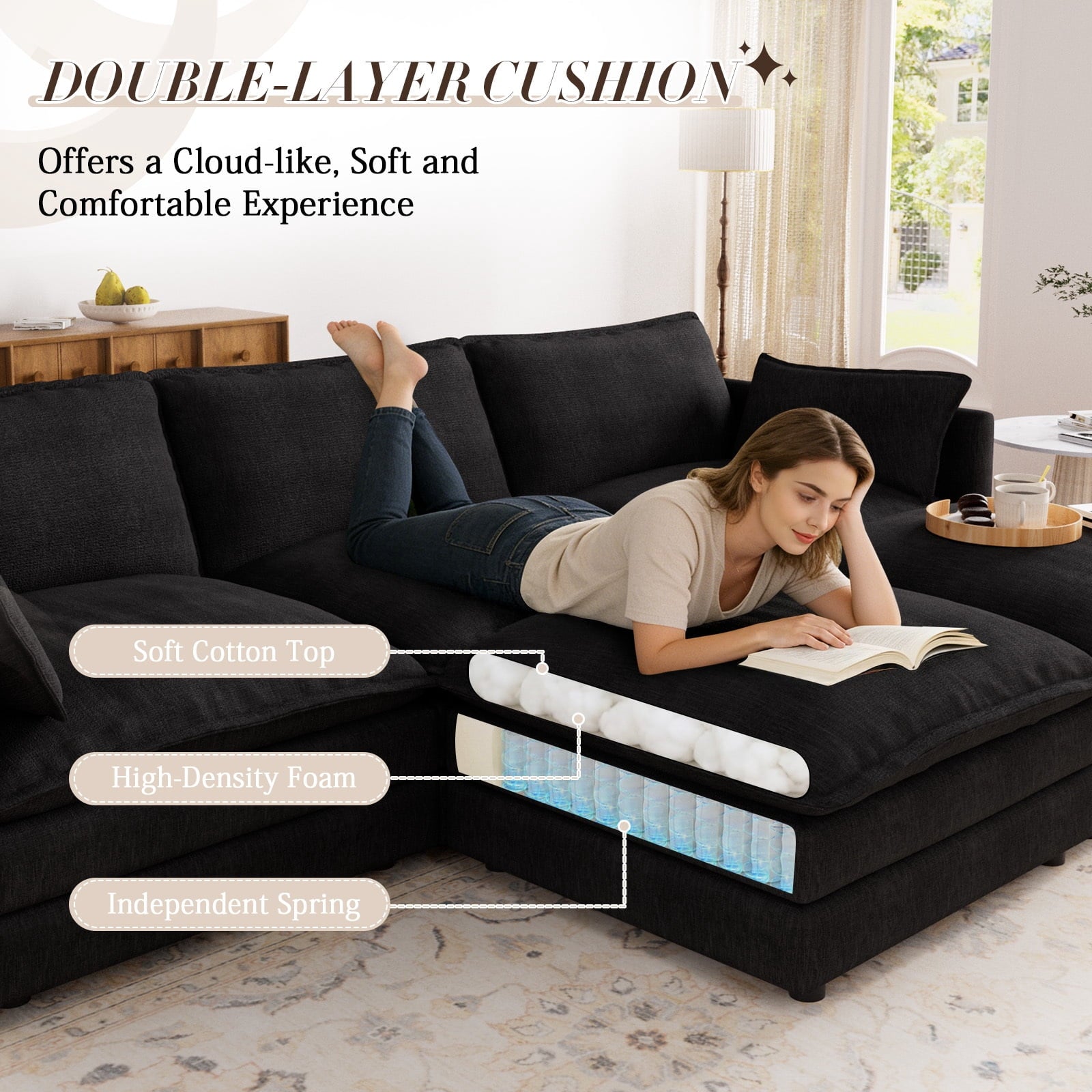 Muumblus Sectional Sofa Cloud Couch with Reversible Ottoman, L-Shaped Chenille Sofa for Living Rooms, Beige