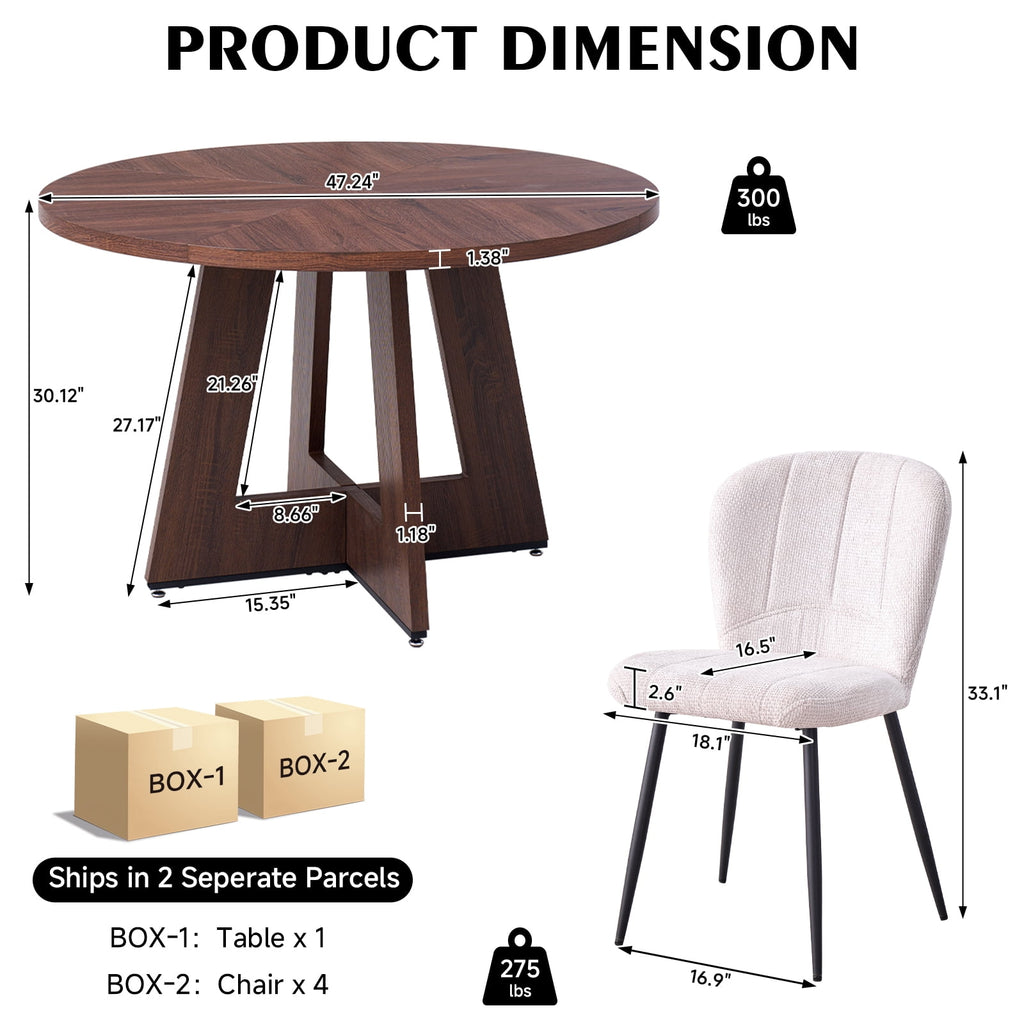 5 Piece 47'' Round Dining Table Chairs Set for 4, Farmhouse Oak Kitchen Table with 4 Boucle Mid Century Modern Dinning Room Chairs, Wood Dinner Table &Upholstered Chair Set of 4, Beige