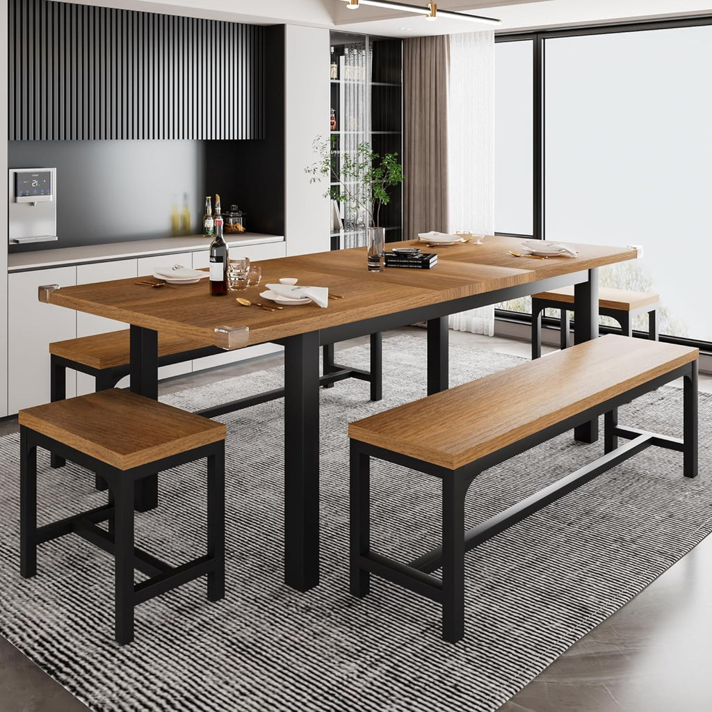 iPormis 5-Piece Dining Table Set for 4-8 People, Extendable Kitchen Table Set with 2 Benches and 2 Square Stools, Espresso