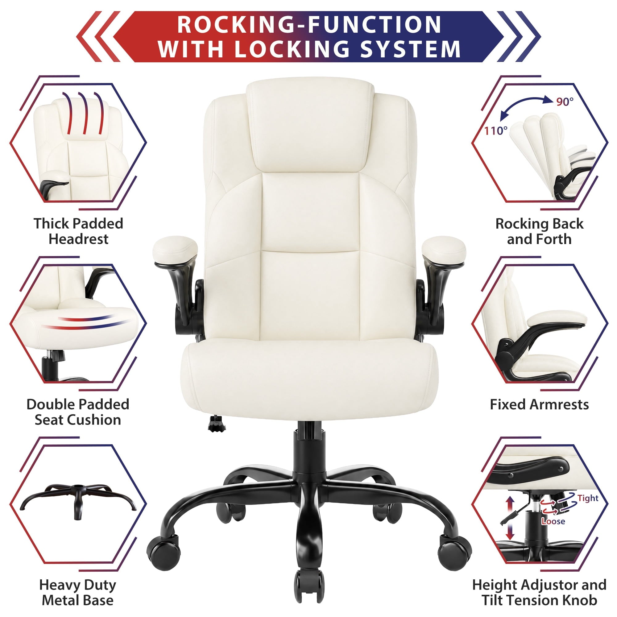 JONPONY Leather Office Chair, Big and Tall 500lbs Ergonomic Desk Chairs with Back Support, Executive Leather Chair with Wheels for Home Office, with Adjustable Padded Armrest & Lumbar Support , Black