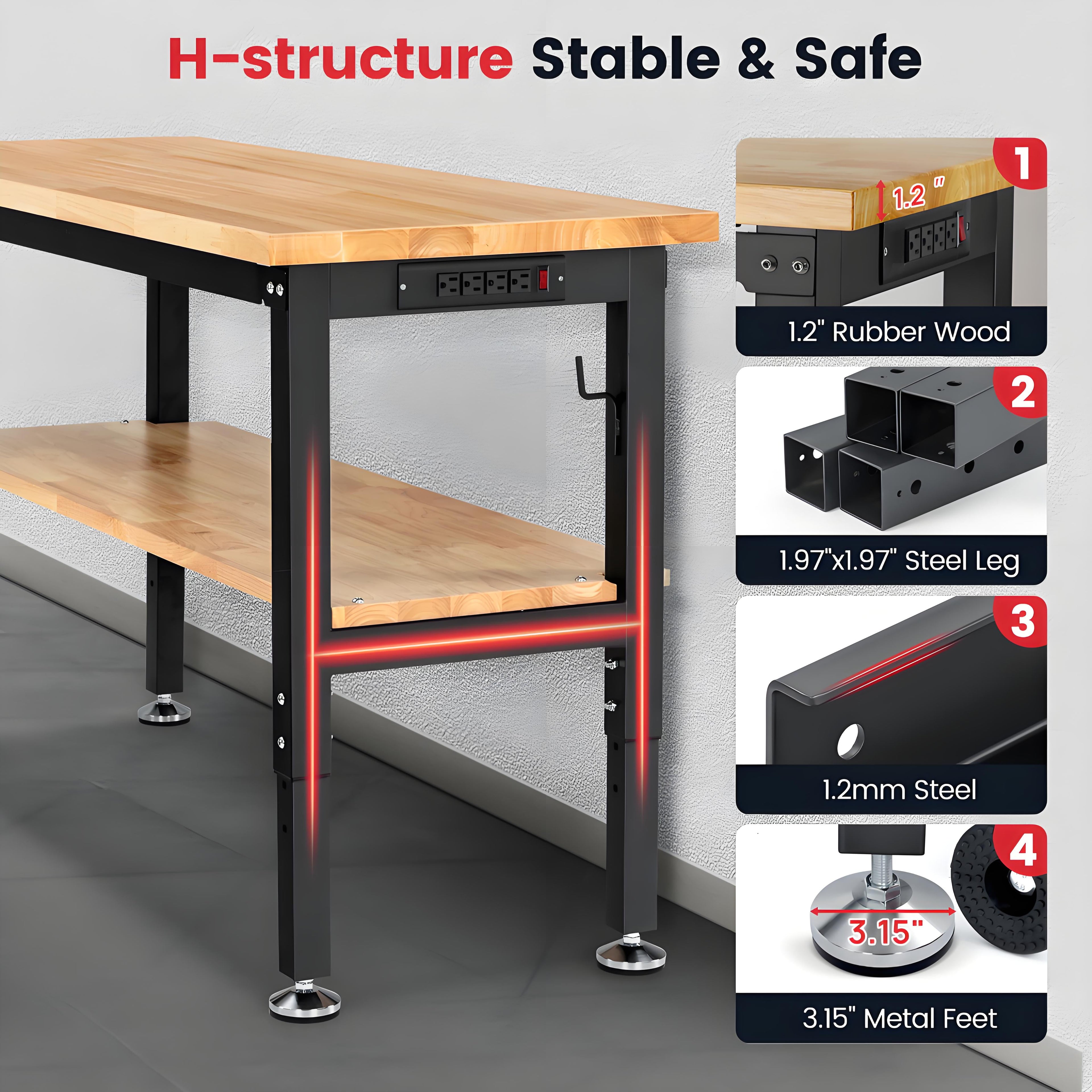 Workbench for Garage,ENJOYWOOD Heavy-Duty 60 inch 2 Tier Wood Work Bench with Storage Pegboards,Rubber Mat,Power Outlets, Rubber Wood Tabletop 2000 LBS Load Bearing Workstation Garage Desk Work Table