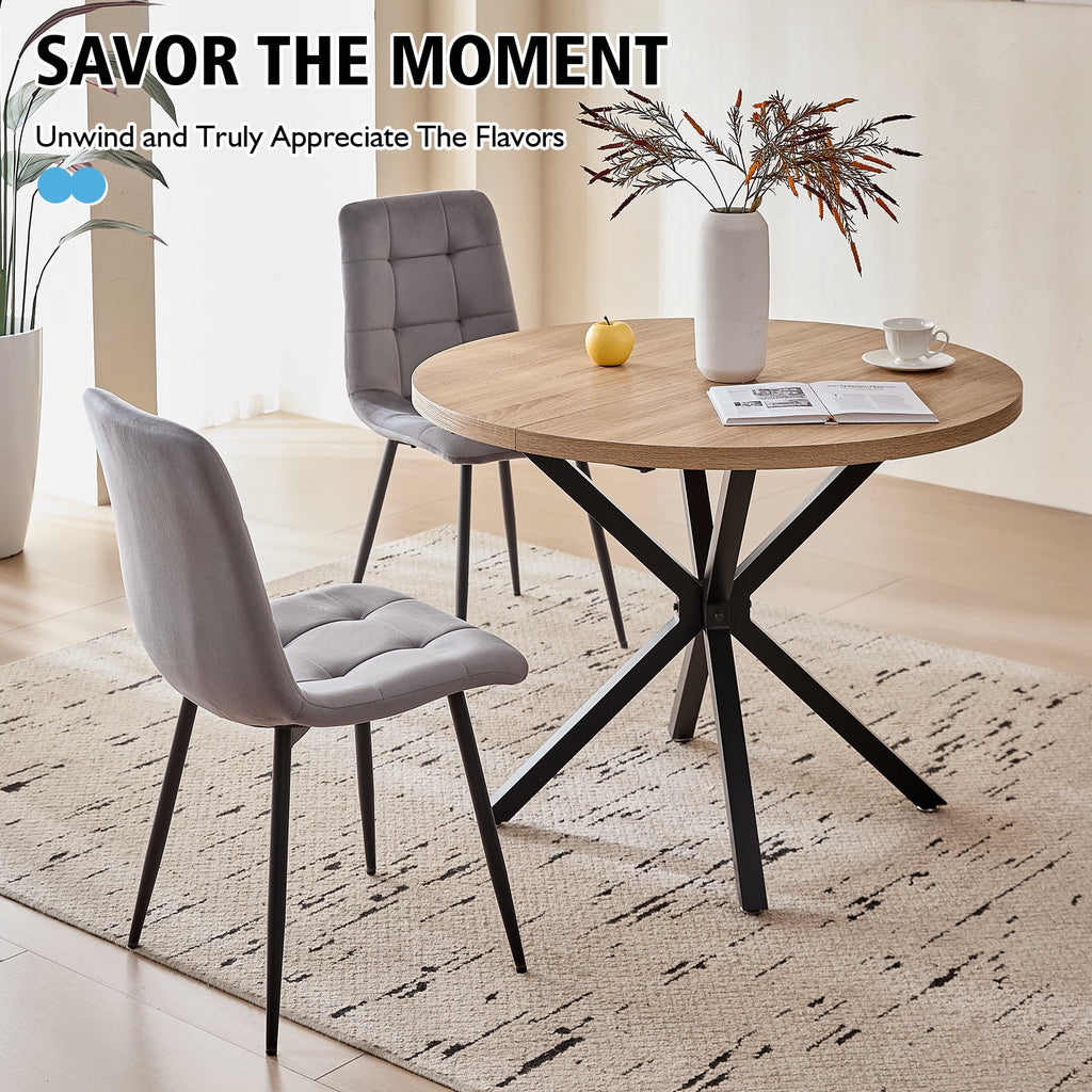 5 Piece 39 Round Dining Table Set for 4, Mid Century Kitchen Table with 4 Khaki Fabric Upholstered Dining Chairs for Apartment Living Room, Space Saving Table.