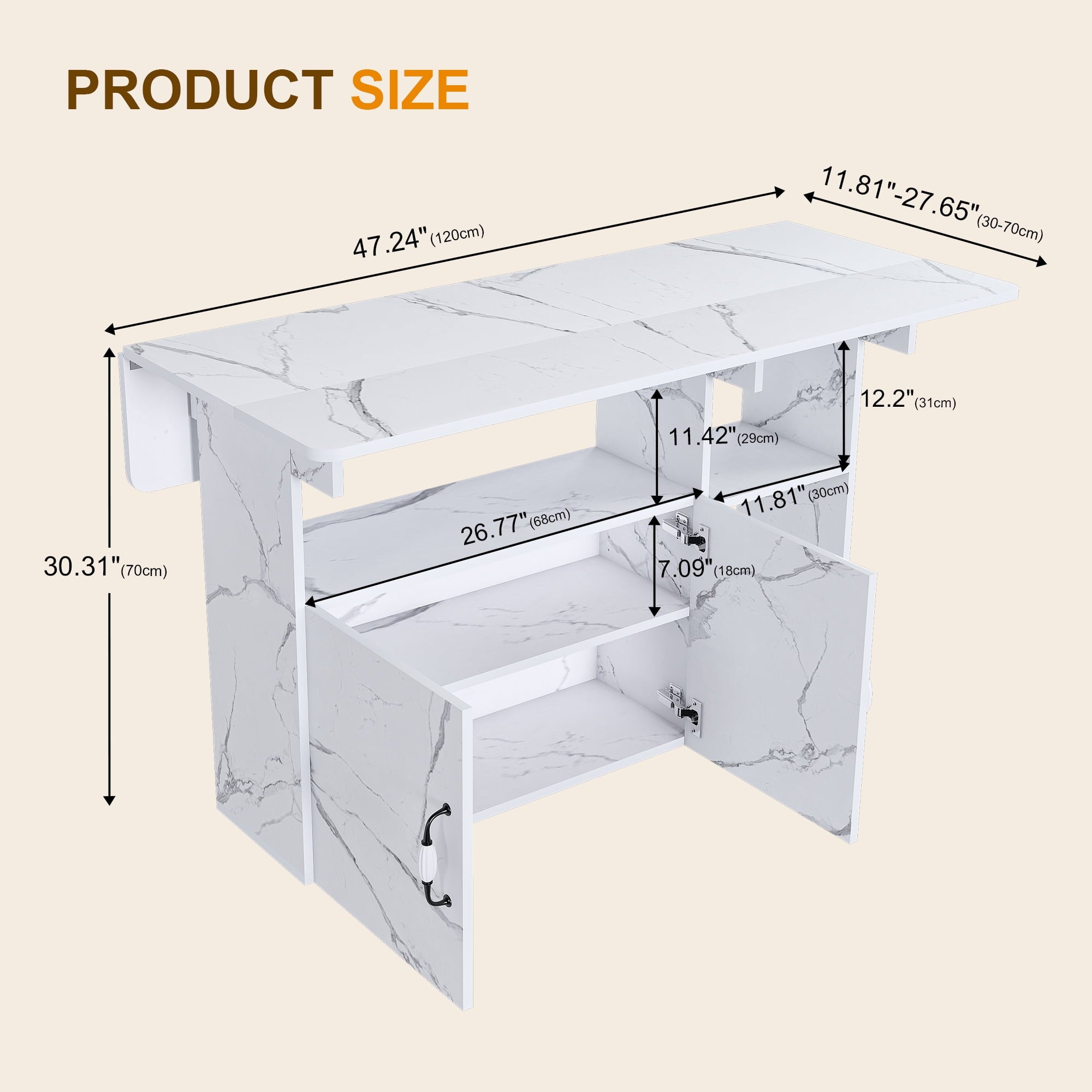 Wohh 47 Inch Folding Dining Table with Storage Shelves & Wheels, Multifunctional Kitchen Desk for Small Spaces, Compact Mobile Computer Desk for Home Office, Dorm, Adjustable Foldable Study Table