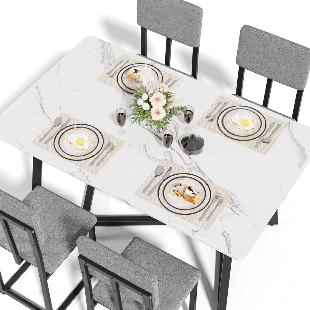 PORKISS 5 Piece Dining Table Set, Modern Faux Marble Tabletop and 4 Linen Upholstered Chairs, Rectangle Kitchen Table and Chairs for 4, White + Gray(Linen)