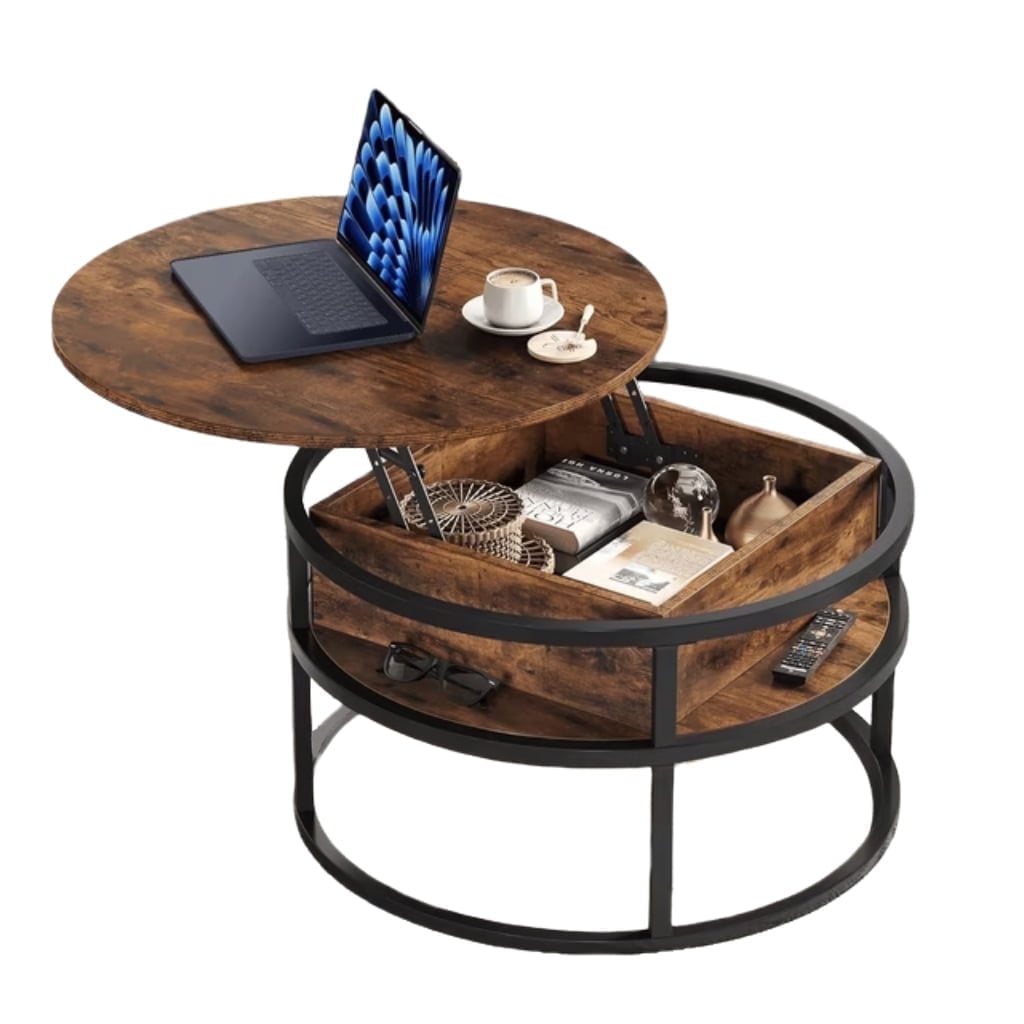 Keenstone Round Dining Table 43-59 Extendable, for 4 to 6, with Storage Space, Kitchen Dinner Room Table for Dining Room and Small Space Walnut