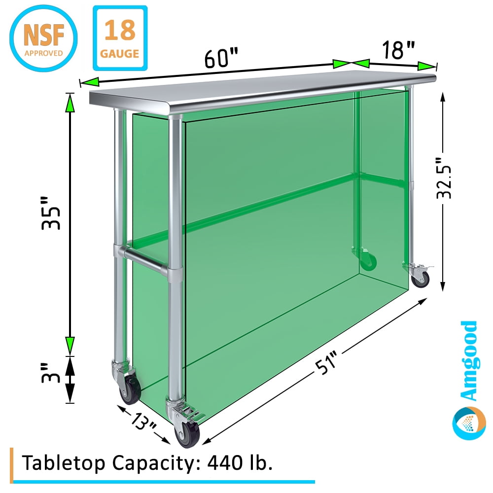 AmGood 36 Long x 30 Deep Stainless-Steel Work Table with Open Base and Wheels, Mobile Metal Table