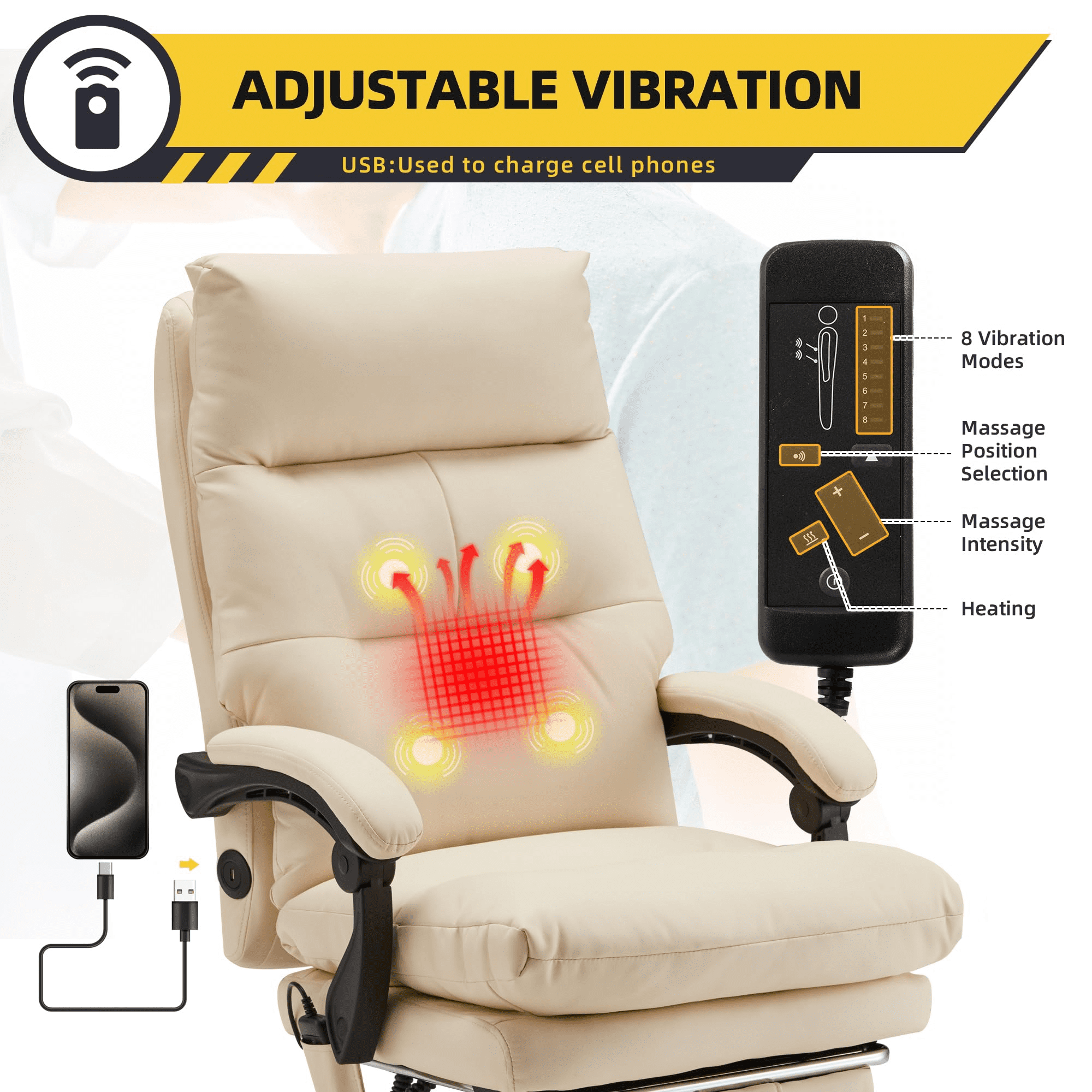 HOMREST Ergonomic Office Chair with 6-Point Massage & Heating, Adjustable Executive Desk Chair with Retractable Footrest, PU Leather Home Office Desk Chair for Home & Office (Black)