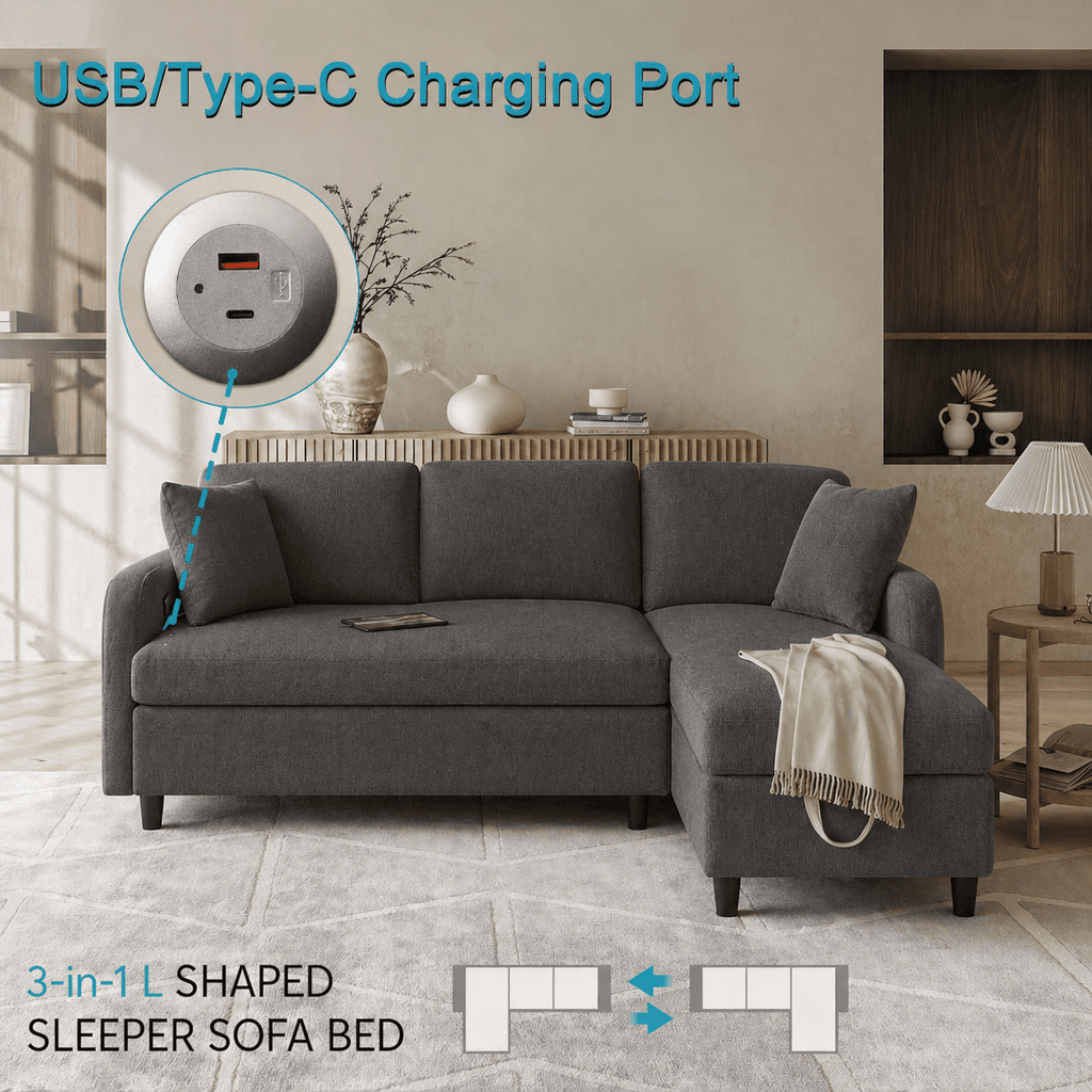 BINBANK L-Shaped Chenille Pull Out Sleeper and Storage Chaise Sectional Futon Sofa Bed with USB, Gray/Beige