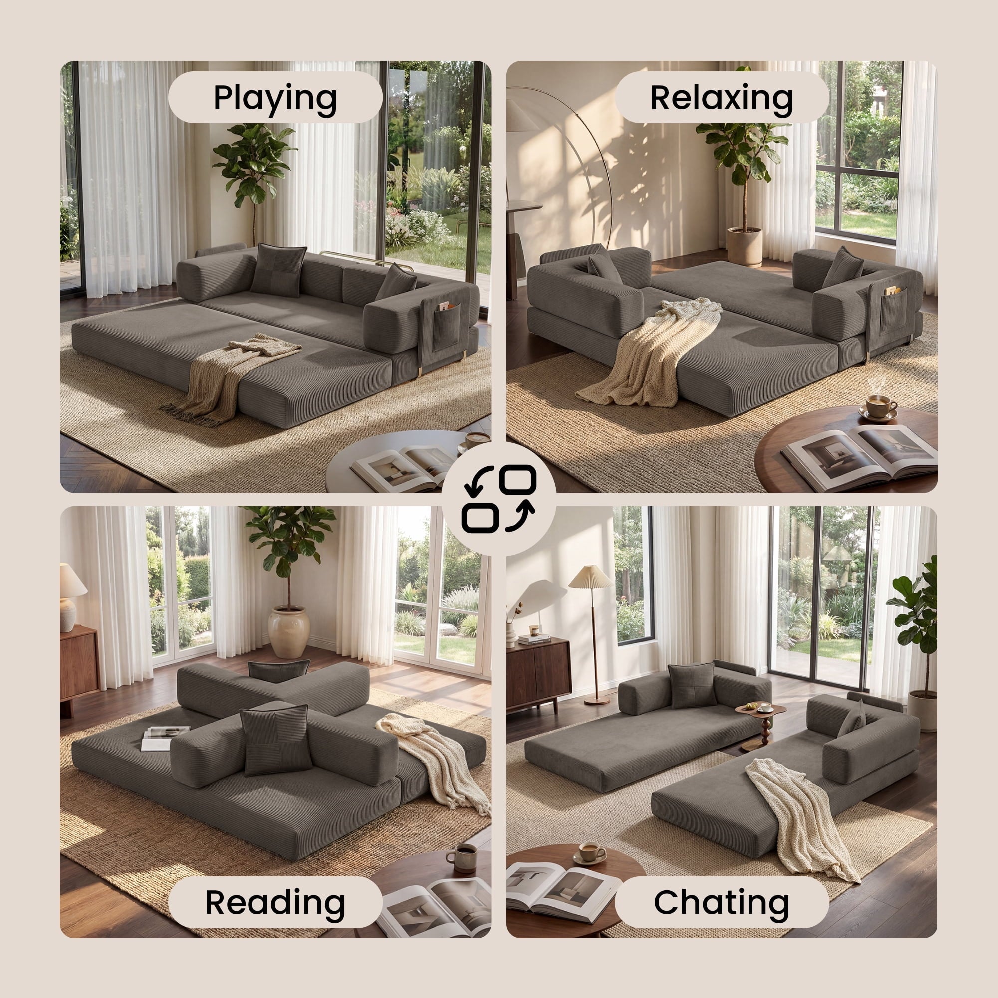 BELHOME 5-in-1 Convertible Sofa Bed, 78.8 Sleeper Sofa Boneless Couch with Side Pockets, Folding Floor Sofa Compression Sofa for Living Rooms No Assembly Required
