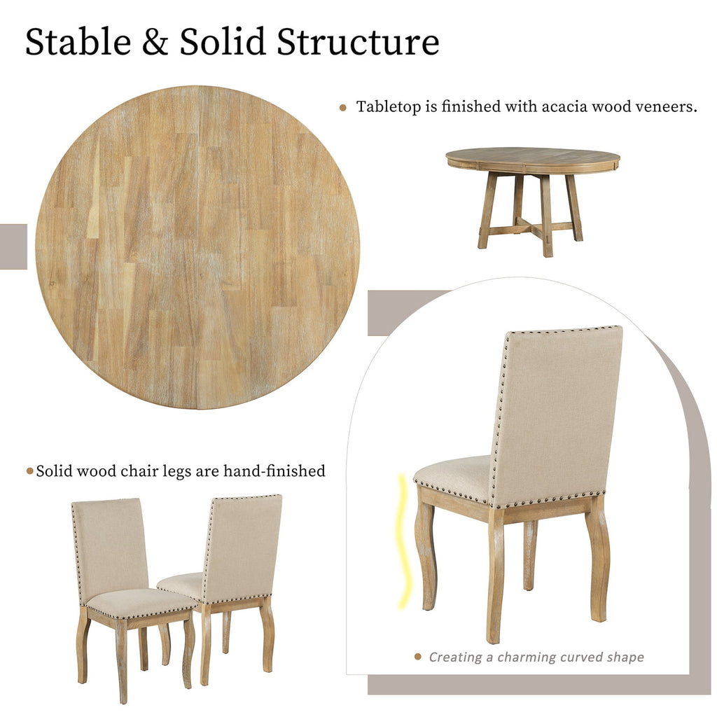Harper & Bright Designs Extendable Dining Table Set for 4 Upholstered Chairs Functional Retro Style Table for Dining Room Kitchen, Natural Wood Wash