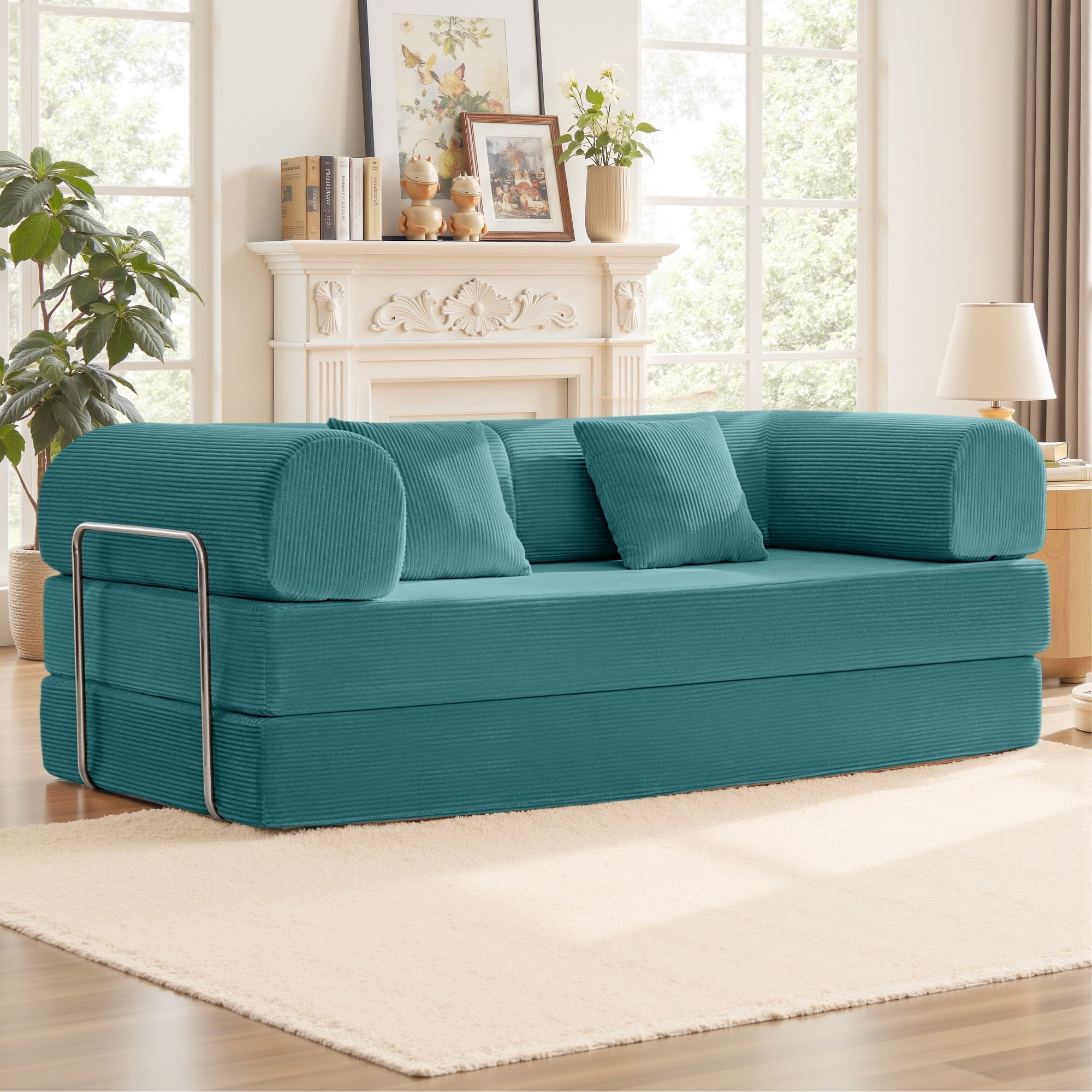 COOLHUT 63 W Combination Sofa, High Rebound Density Foam Sofa Couch, Two Forms Floor Couch Three Seats Sofa Bed for Living Room, Bedroom, Green
