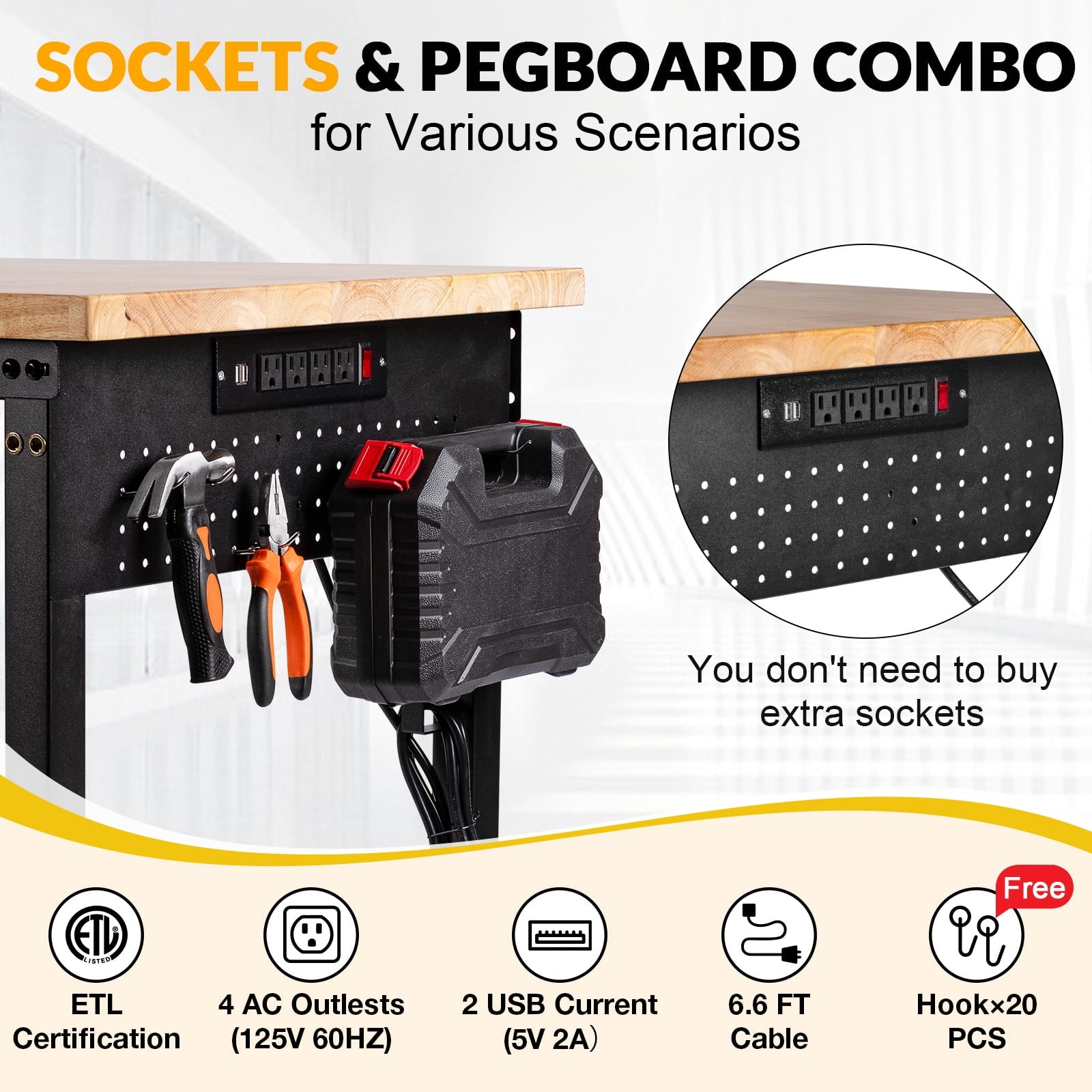 60 inch Workbench for Garage, Heavy-Duty 2 Tier Wood Work Bench with Storage Pegboards, Hooks, Power Outlets, Rubber Wood Tabletop 2000 LBS Load Bearing Workstation Garage Desk Work Table