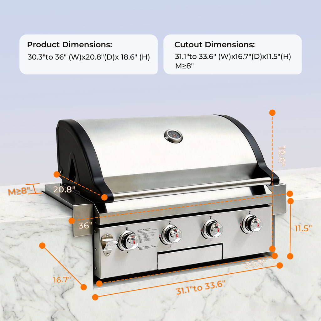 4 Burners Built-In Gas Grill, 40,000 BTU Outdoor Kitchen Grill with 653.2 Sq.in Cooking Area, LPG/NG, Perfect for Backyard BBQs