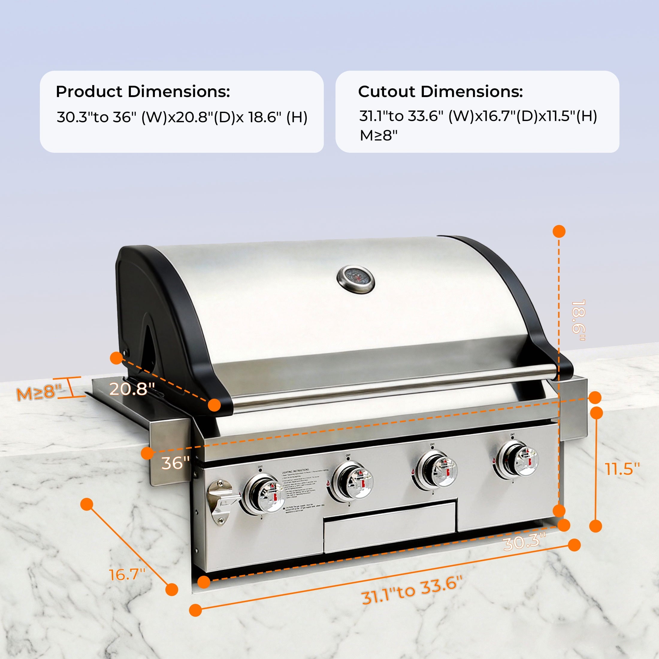 4 Burners Built-In Gas Grill, 40,000 BTU Outdoor Kitchen Grill with 653.2 Sq.in Cooking Area, LPG/NG, Perfect for Backyard BBQs