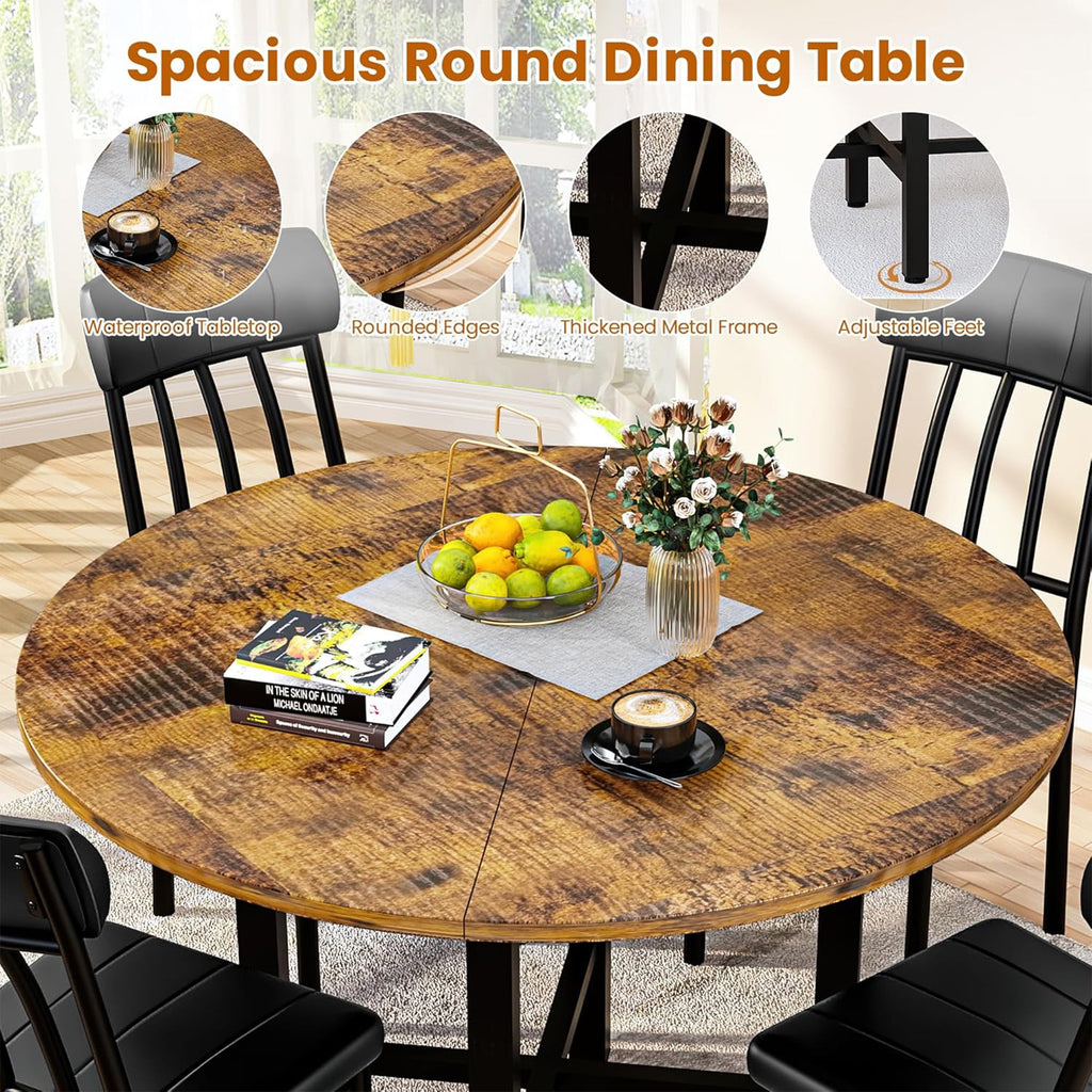 LinkRomat Round Dining Table Set for 4, Modern Dining Room Sets with 4 Faux Leather Chairs, Kitchen Dinner Wooden Table & Chair Set for Small Space, Grey