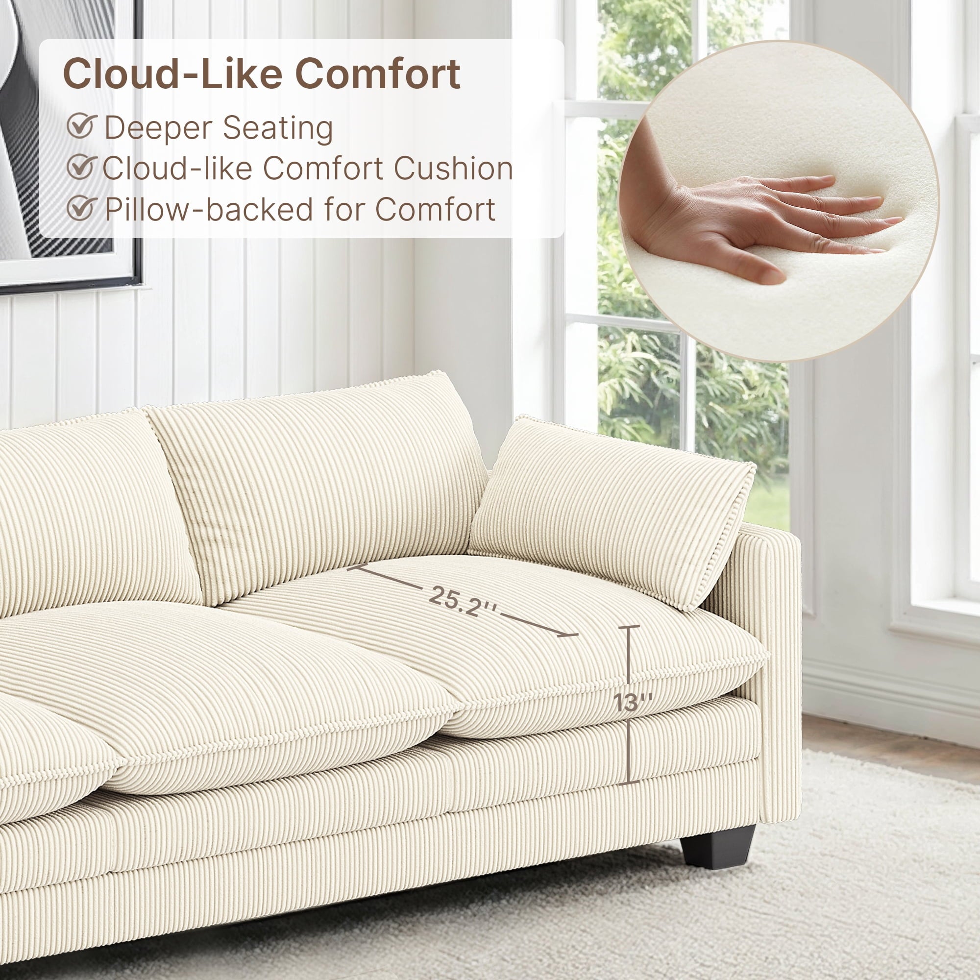 110 Cloud Couches for Living Room, Noelse 3 Seater Cloud Sofa with Double Layer Cushion and Deep Seat, Cream Couch with Washable Cover, Corduroy Fabric, Beige