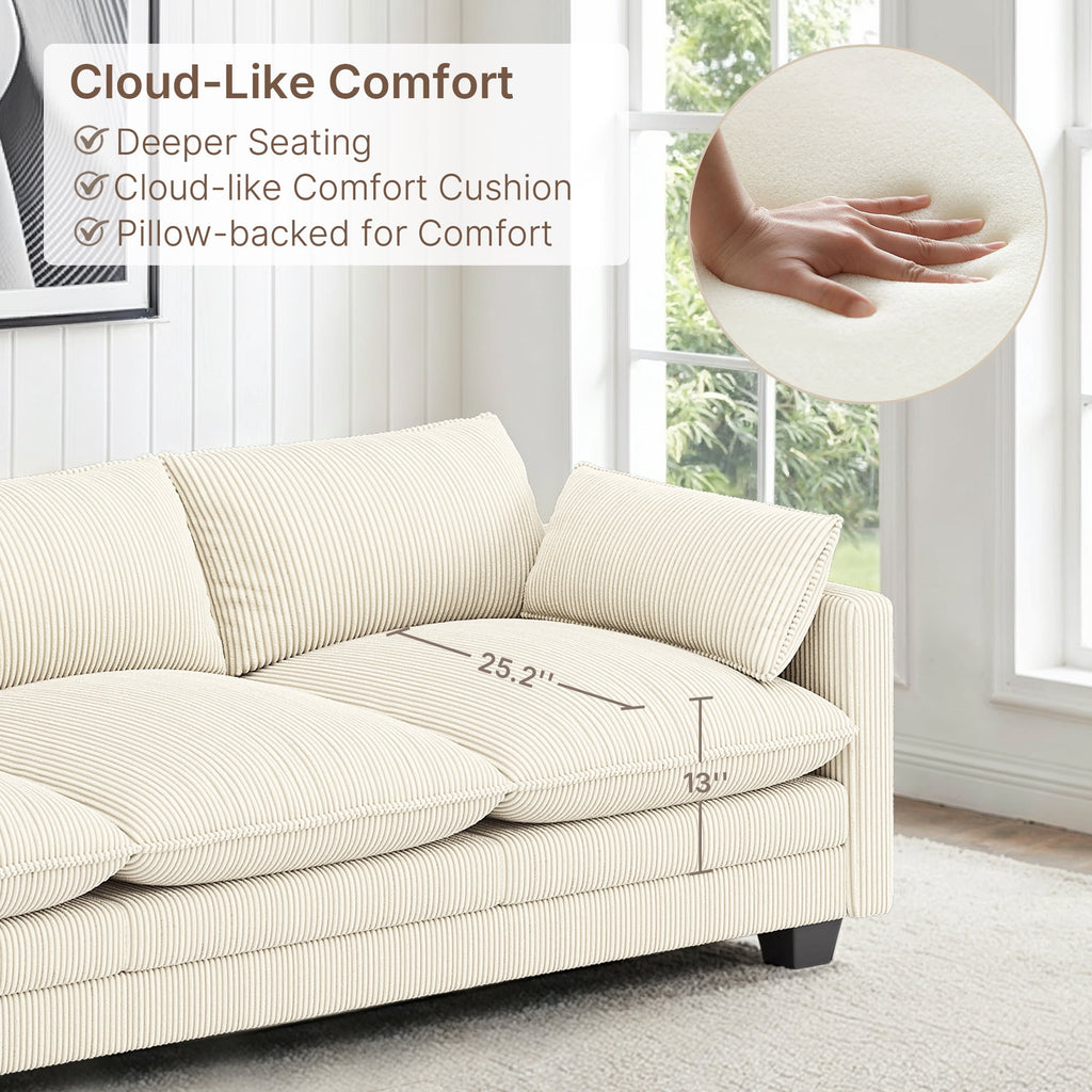 110'' Oversized L Shaped Couch for Living Room, Cloud Couches with Washable Corduroy Cover, Modern 4-Seater Comfy Deep-Seat Sofa with Movable Ottoman and 2 Throw Pillows for Apartment, Gray