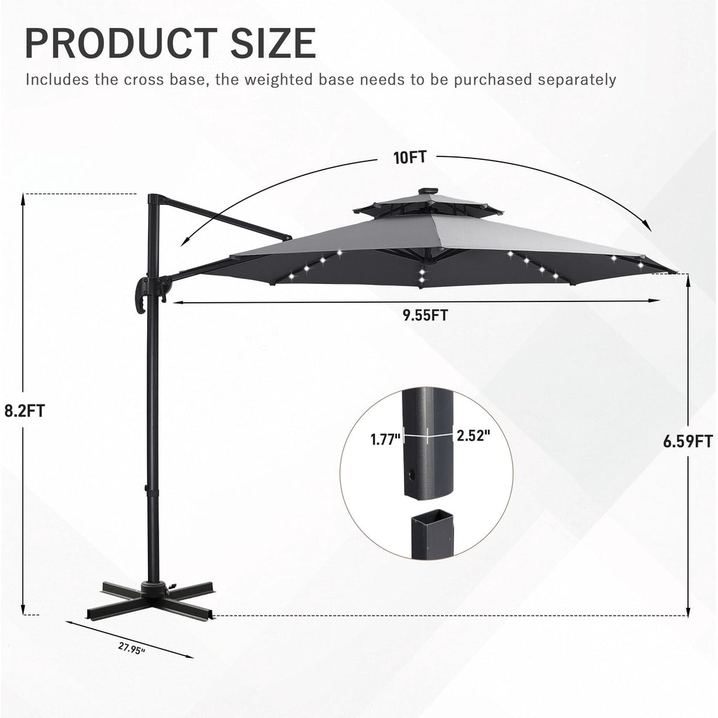 Ainfox 10ft Double Top Heavy-Duty Patio Cantilever Umbrella with lights and Cross Base, Outdoor Large Offset Hanging Aluminum Rotation Sun Shade Solar Umbrella with 360°Rotation Adjustable,Khaki