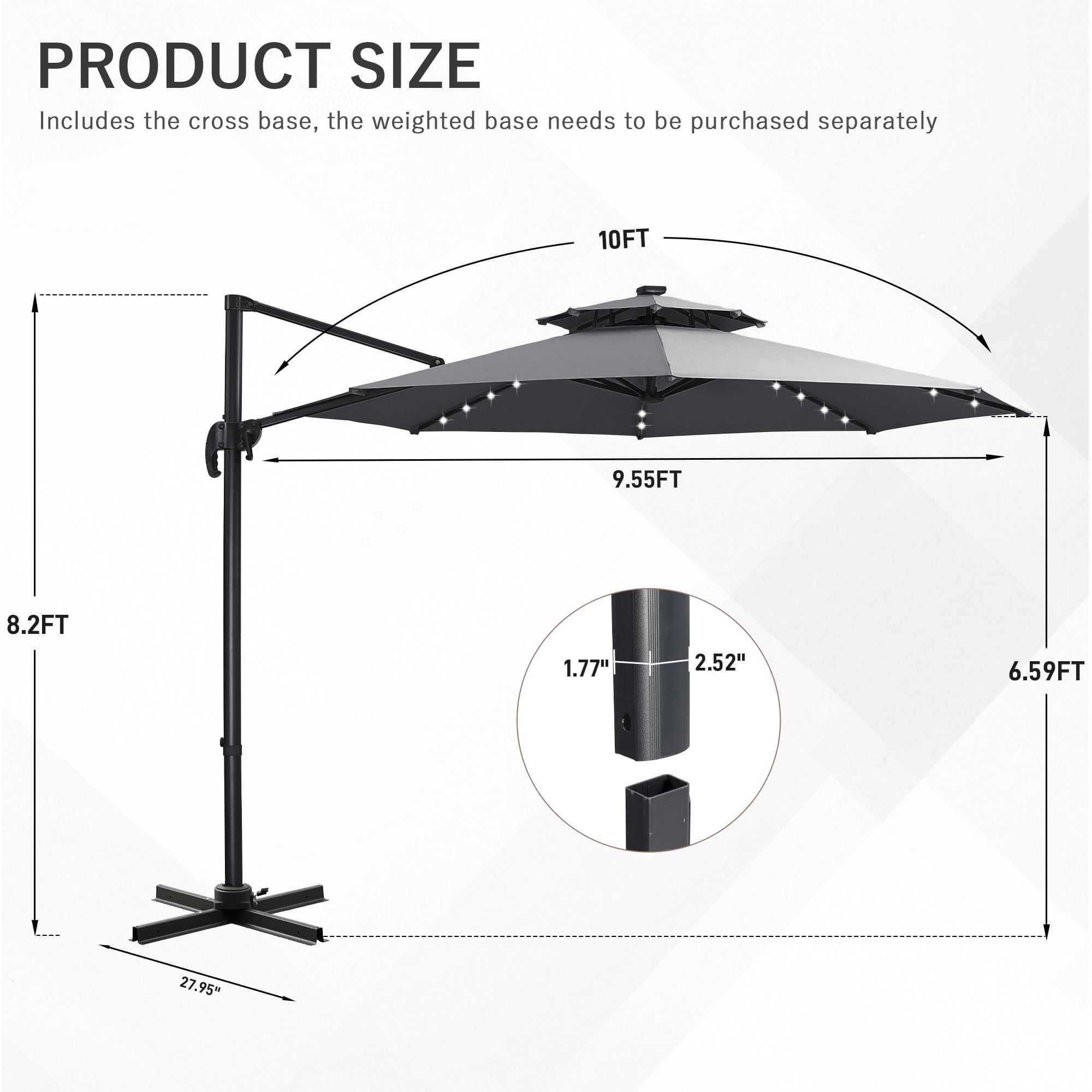 Ainfox 10ft Double Top Heavy-Duty Patio Cantilever Umbrella with lights and Cross Base, Outdoor Large Offset Hanging Aluminum Rotation Sun Shade Solar Umbrella with 360°Rotation Adjustable,Khaki
