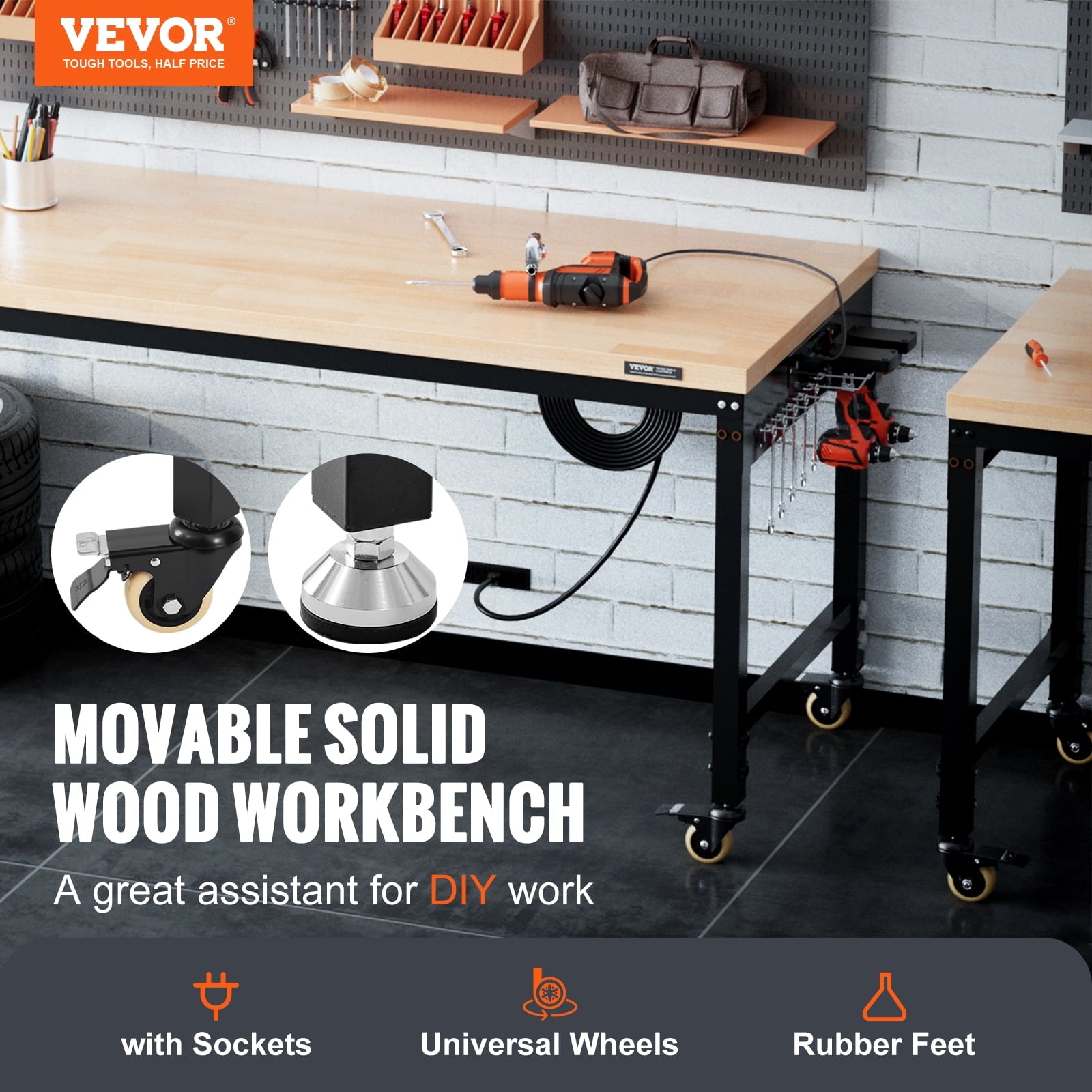 VEVOR Adjustable Workbench, 72 L X 25 W Garage Worktable with Universal Wheels, 28-39.5 Heights & 3000 LBS Load Capacity, with Power Outlets & Hardwood Top & Storage & Foot Pads, for Office Home