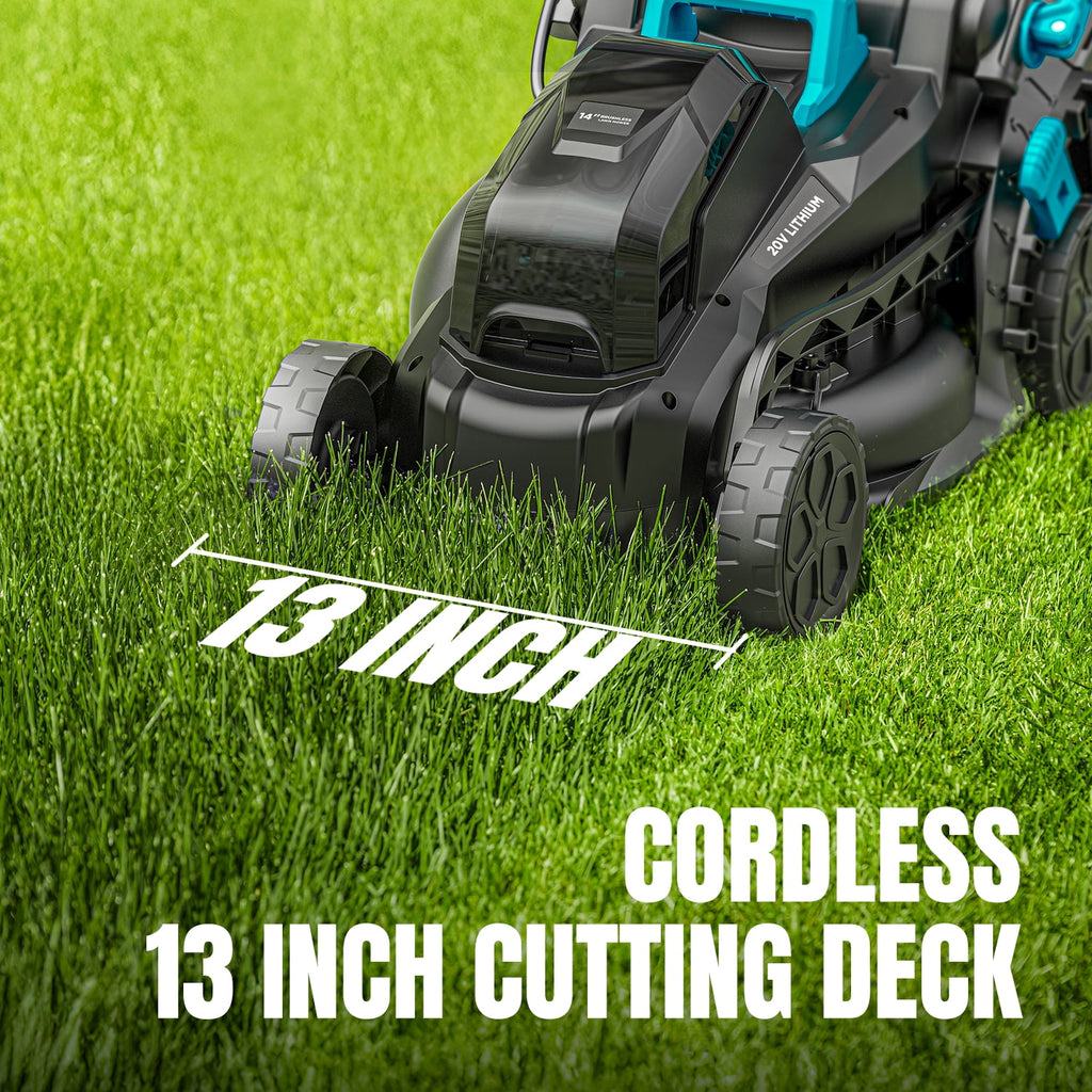 Mightymow Cordless Lawn Mower, 20V Electric Lawn Mowers, 13 inch, Brushless Motor, 5 Heights Adjustment, with 2*4.0Ah Battery and Charger, for Garden/Yard/Farm
