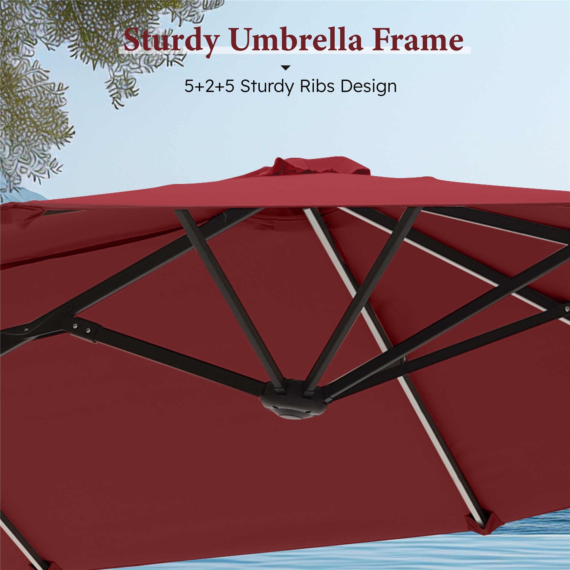 SUMMIT LIVING 13ft Large Patio Umbrella with Multi-Color LED Solar Lights Double-Sided Rectangular Outdoor Table Umbrella – Beige